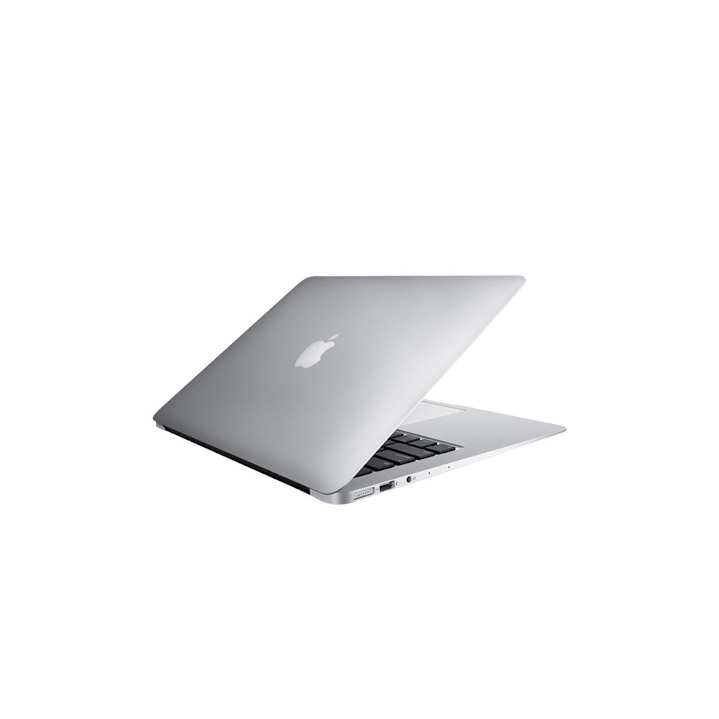 Silberner Laptop mit offenem Deckel und Apple-Logo auf weißem Hintergrund.
