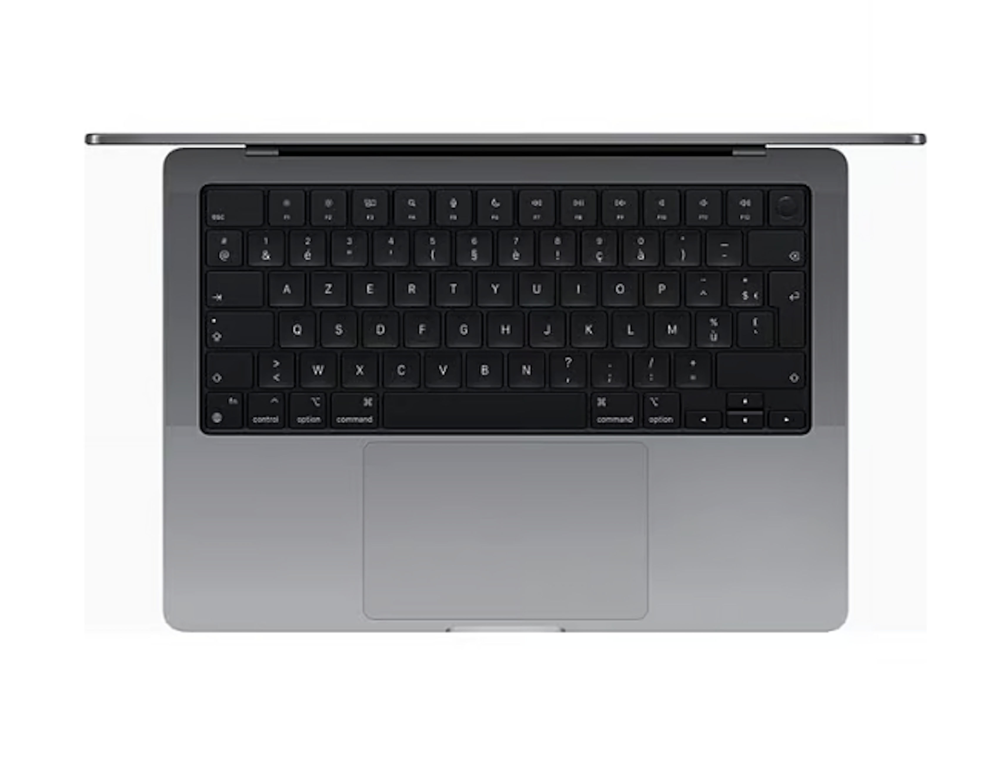 Draufsicht auf einen silbernen Laptop mit schwarzer Tastatur und Trackpad.