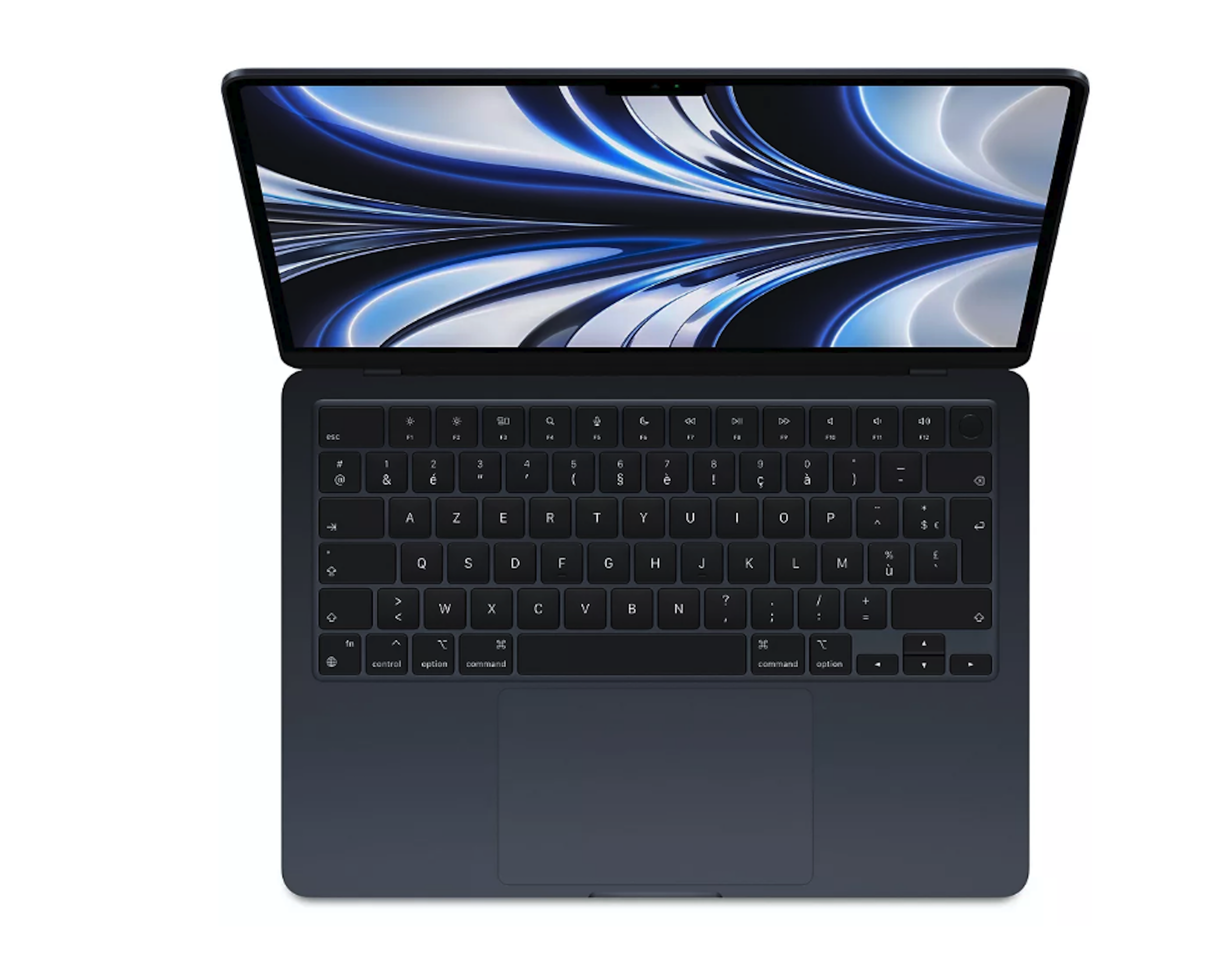 Vista dall'alto di un laptop scuro su bianco. Lo schermo aperto mostra un design blu e nero.