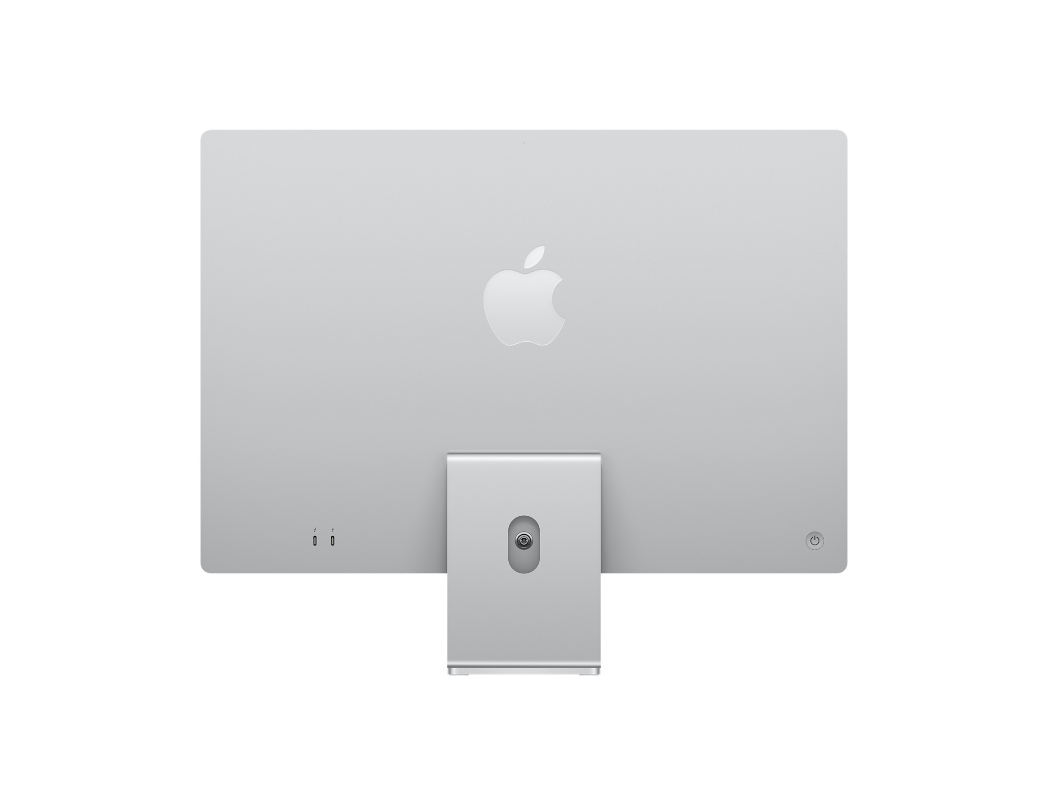 Tył srebrnego monitora Apple. Posiada logo, porty i przycisk zasilania. Białe tło.