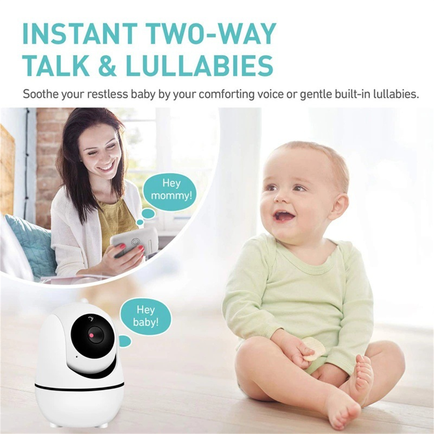 Eine Mutter hält ein Telefon und spricht mit einem Baby, das sitzt und in die Kamera lächelt.