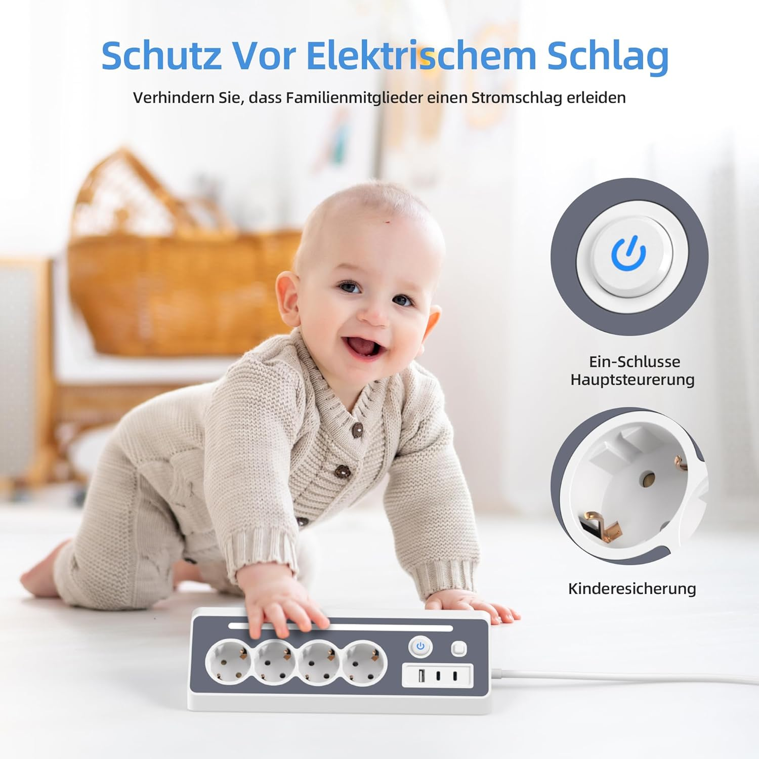Ein Baby krabbelt auf eine Steckdosenleiste mit kindersicherem Design zu. Zwei Symbole veranschaulichen den Schutz.