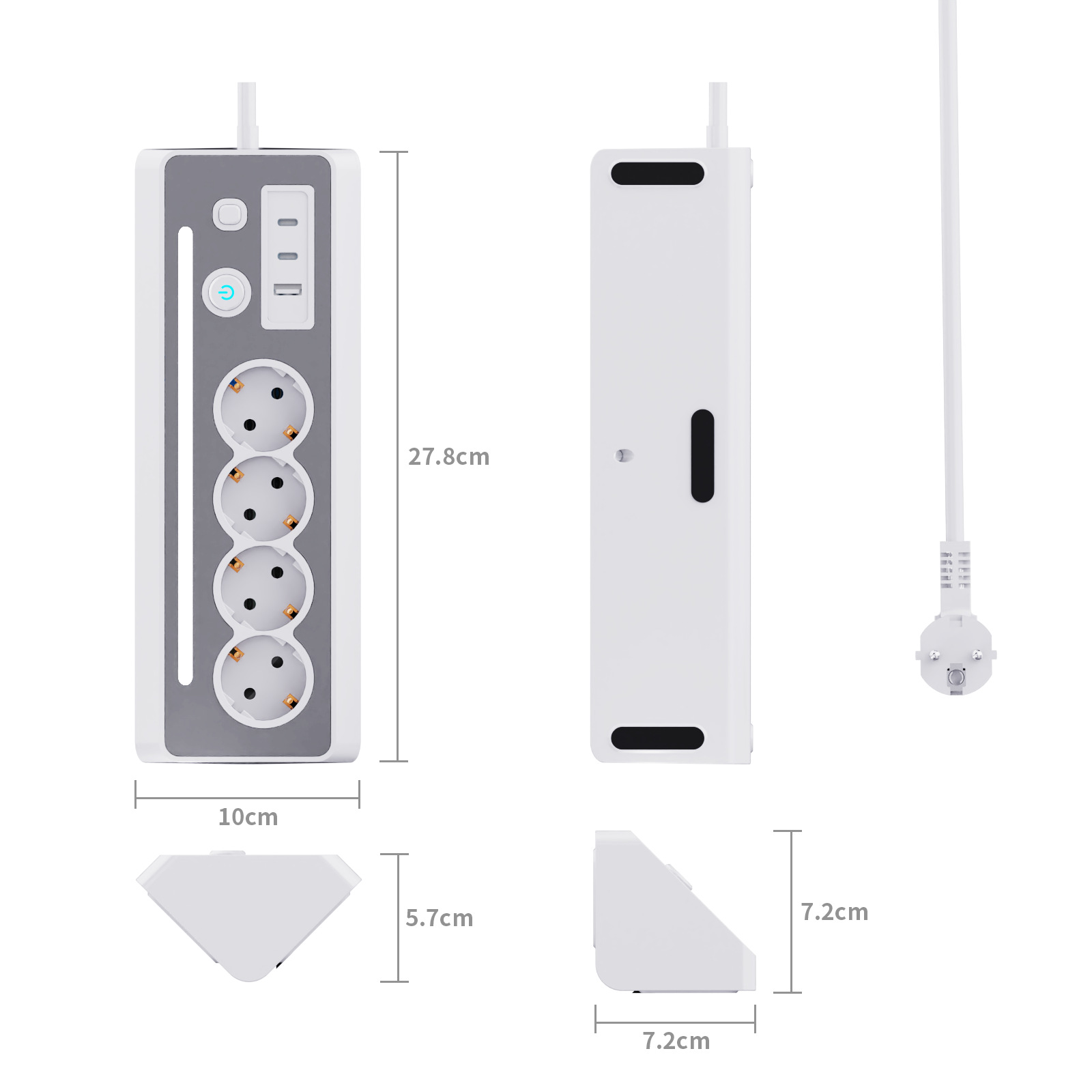 Eine Steckdosenleiste mit mehreren Steckdosen, einem Schalter und USB-Anschlüssen. Sie ist grau und weiß.