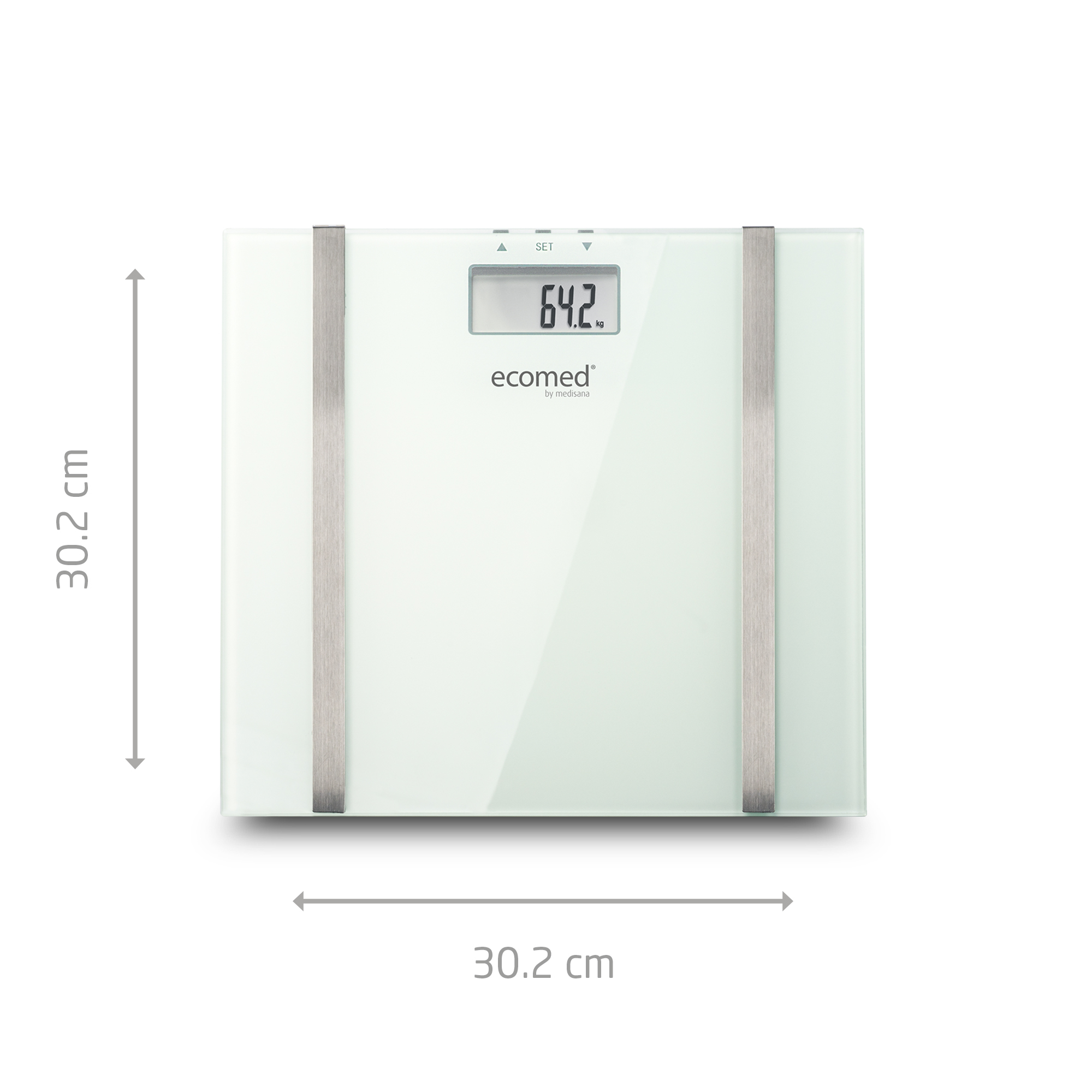 Biała waga z cyfrowym wyświetlaczem pokazującym 64,2 kg, o wymiarach 30,2 cm.