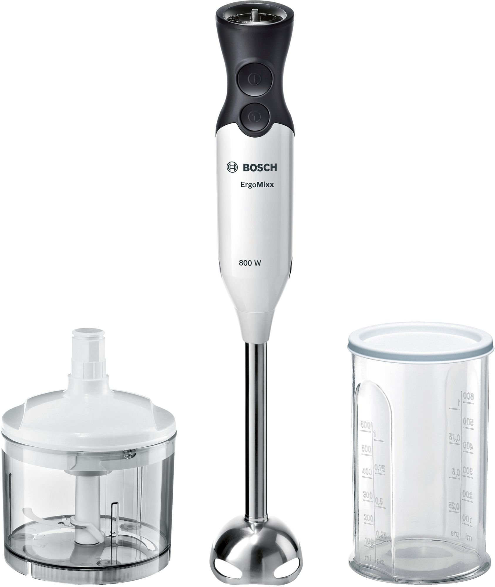 Mixeur plongeant Bosch ErgoMixx avec accessoires : hachoir et verre doseur. Design blanc et noir.