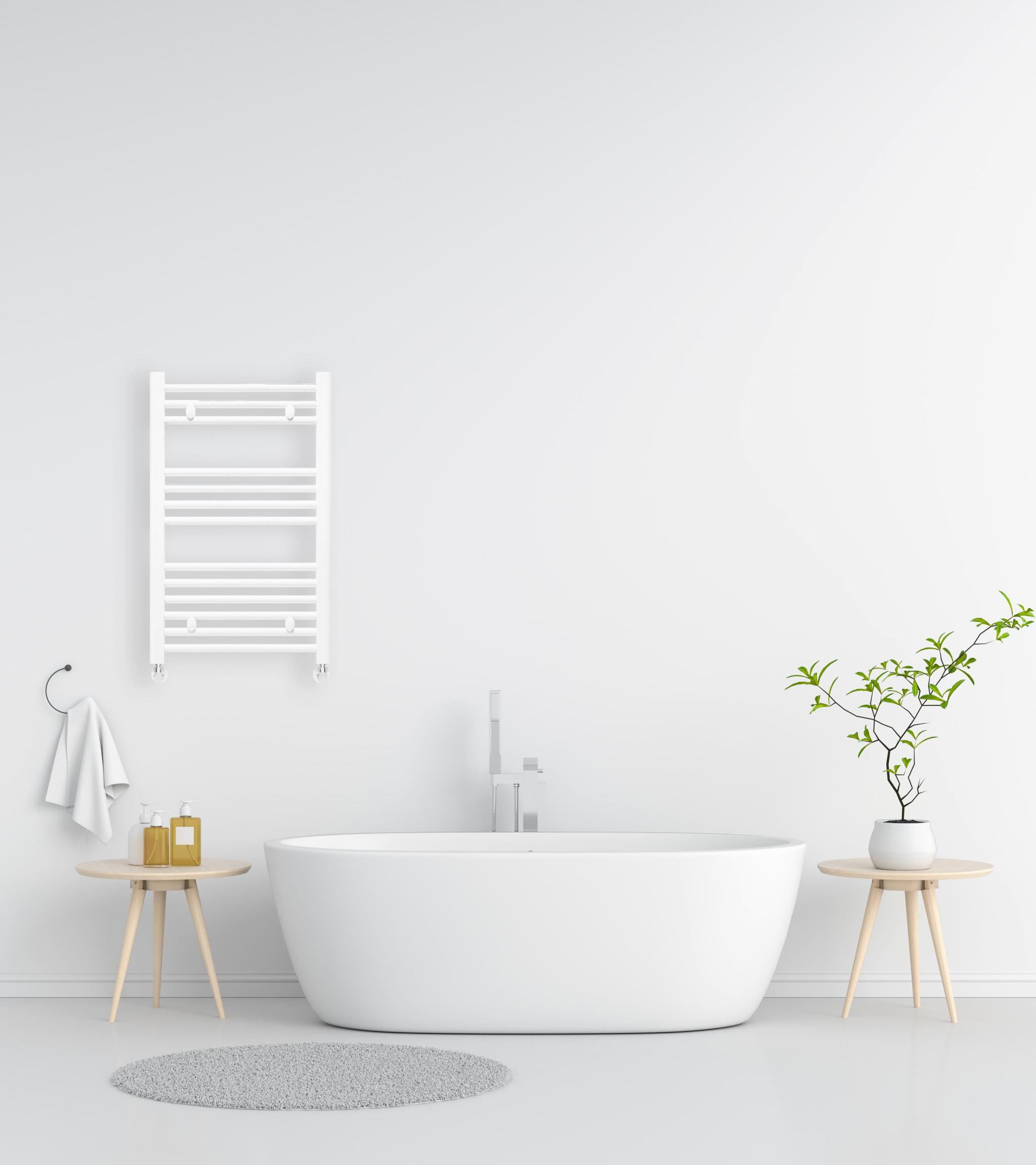 Un baño blanco con bañera, dos mesas auxiliares, un toallero y una planta. Paredes y suelo blancos.