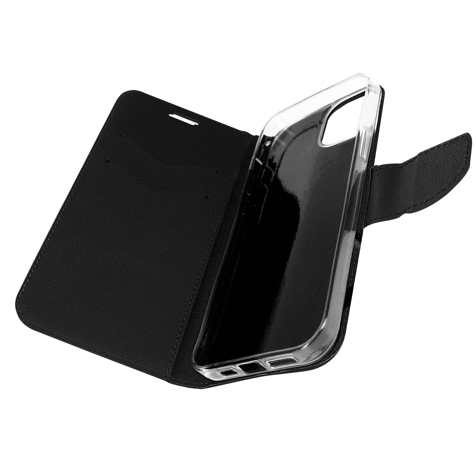 Custodia per telefono nera aperta, che mostra un supporto in plastica trasparente.