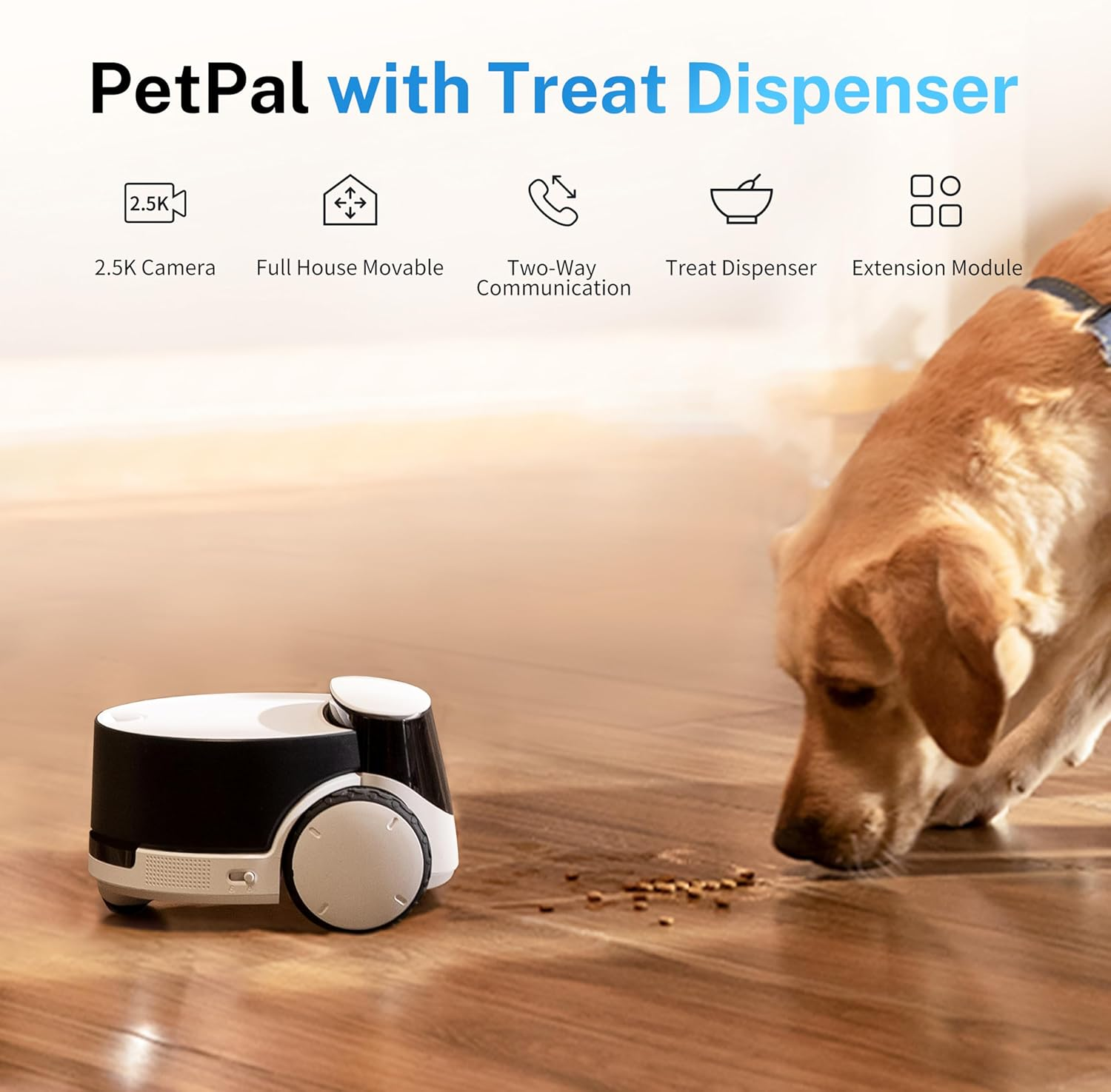 Ein Roboter-Haustierfutterautomat mit Hund in der Nähe. Er hat einen schwarz-weißen Körper und Leckerlis.