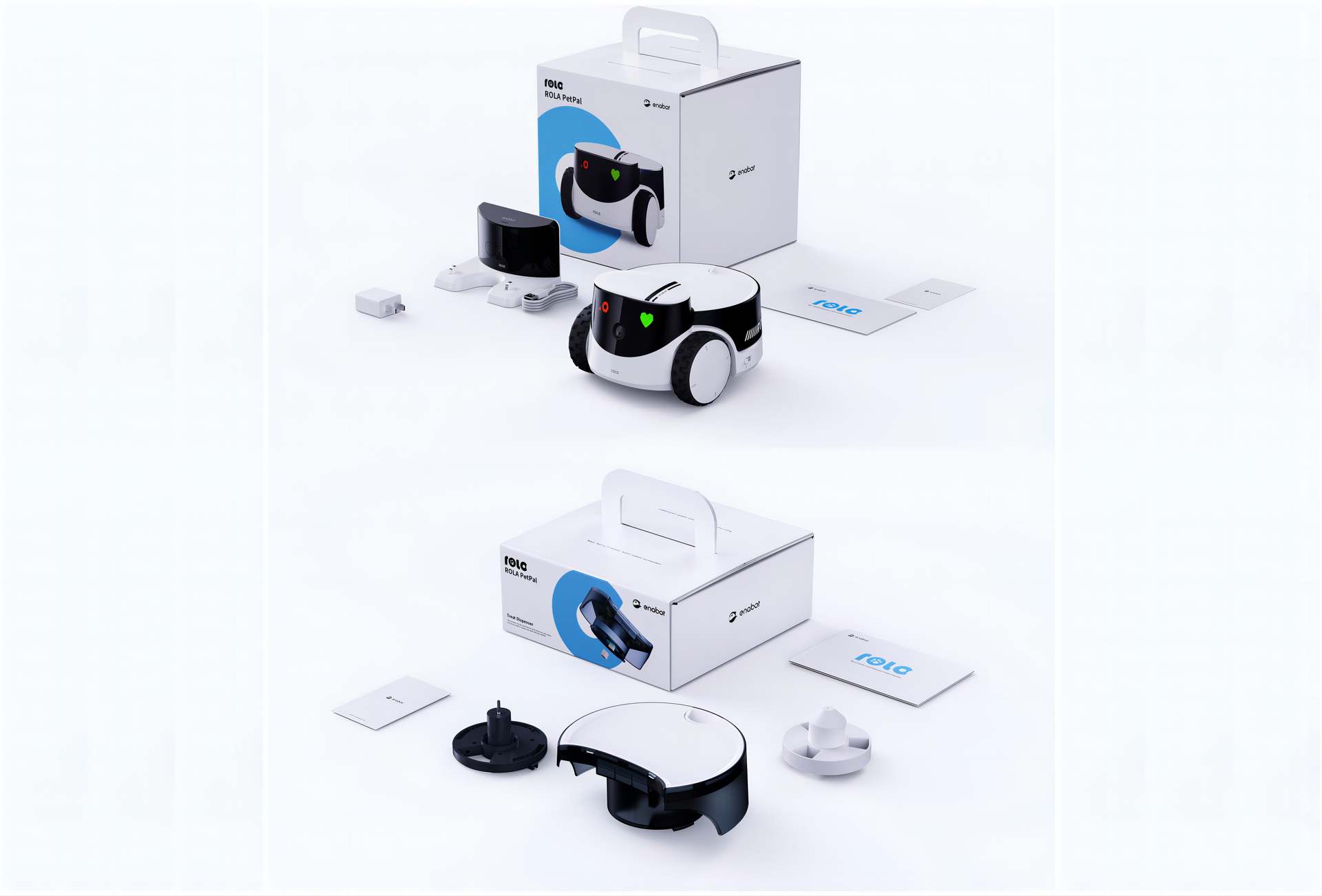 Roboter-Staubsauger und sein Zubehör. Die Draufsicht zeigt den Roboter und seine Teile.
