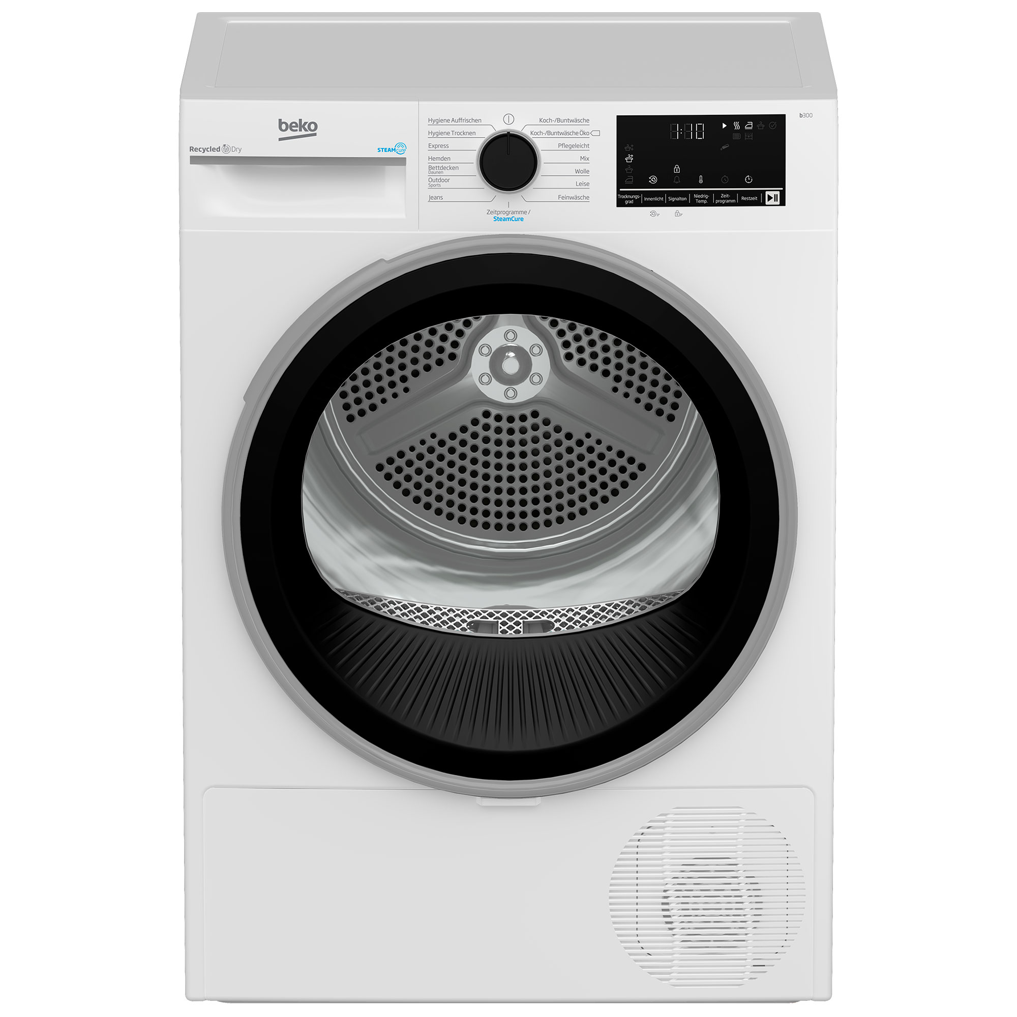 Ein weißer Beko Trockner mit schwarzer Tür und Bedienelementen oben.