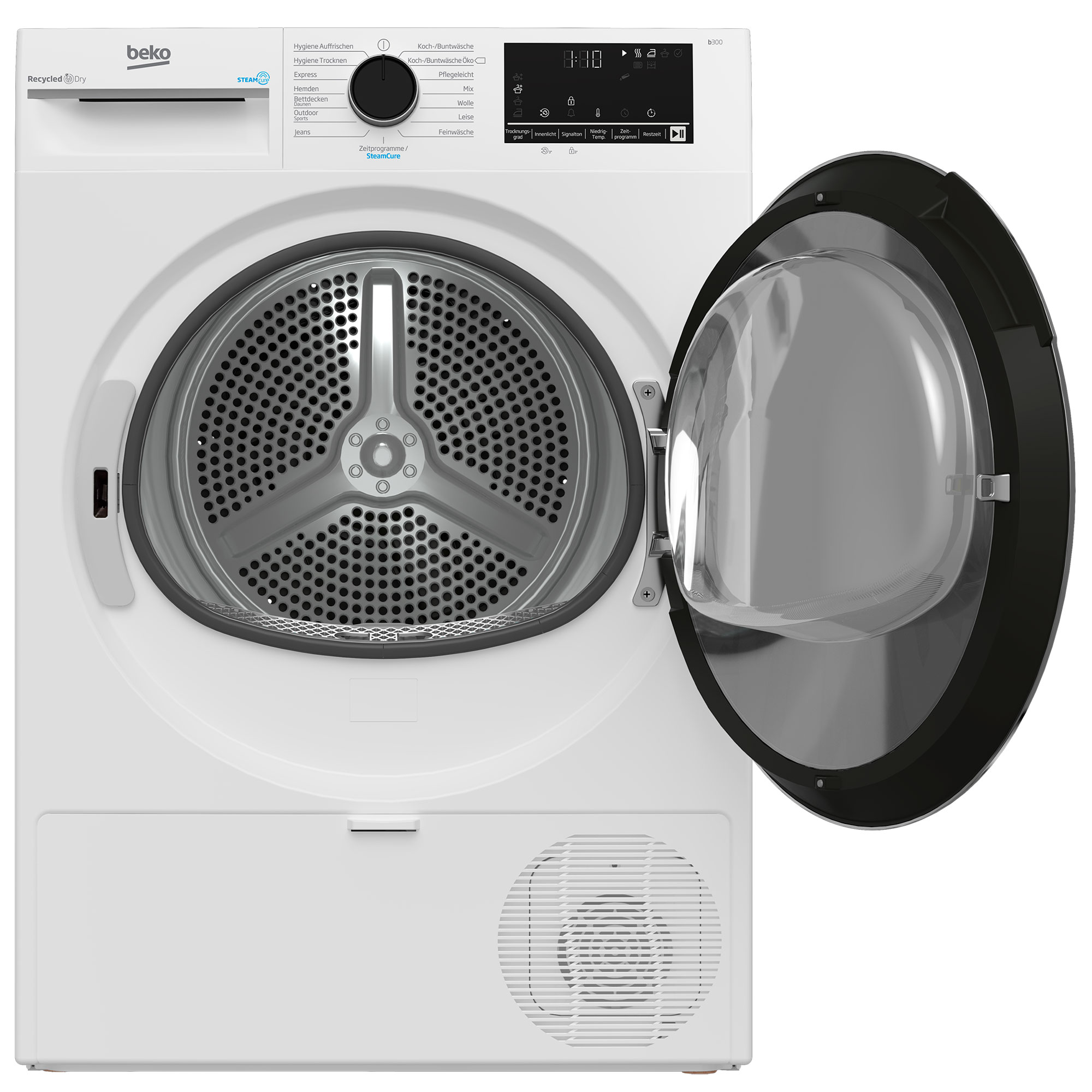Weißer Beko-Trockner mit offener Tür, Bedienelemente sichtbar und Wäschetrommel.