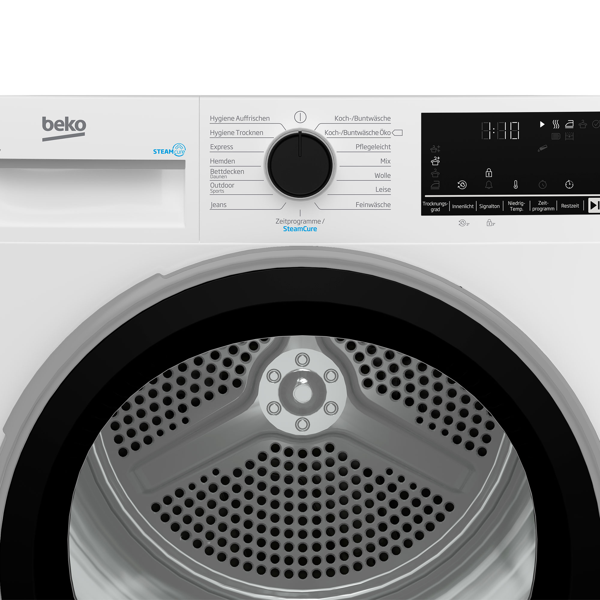 Ein weißer Beko-Trockner. Er hat ein Bedienfeld, einen Drehregler und eine Tür mit schwarzem Rand.
