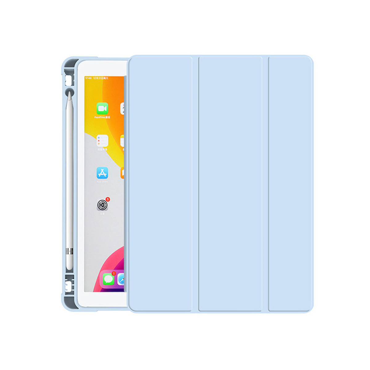 Een blauwe tablethoes met een tablet en een stylus. De tablet toont een interface.
