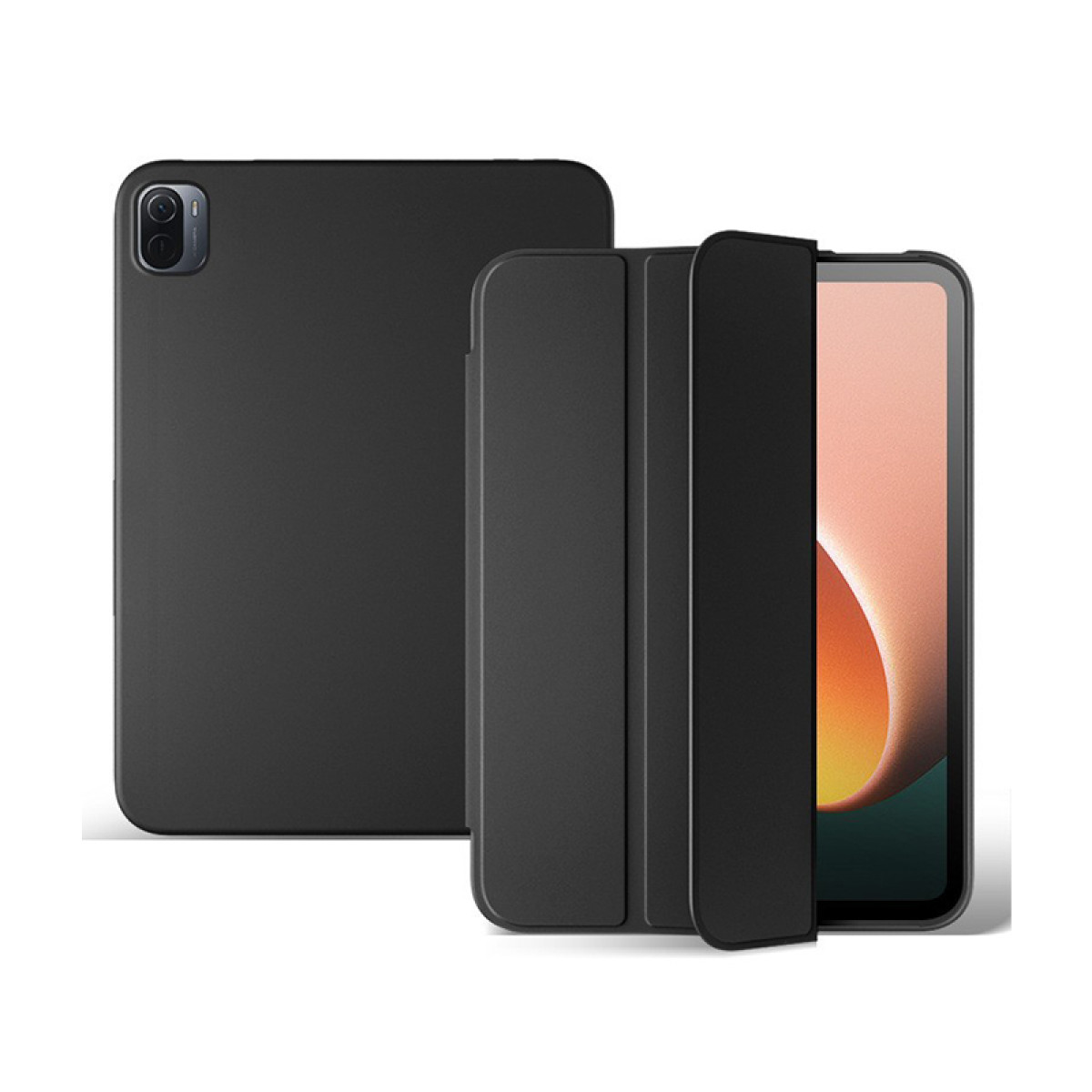 Zwarte tabletcase open, toont tabletscherm, met camera en hoekdetail.