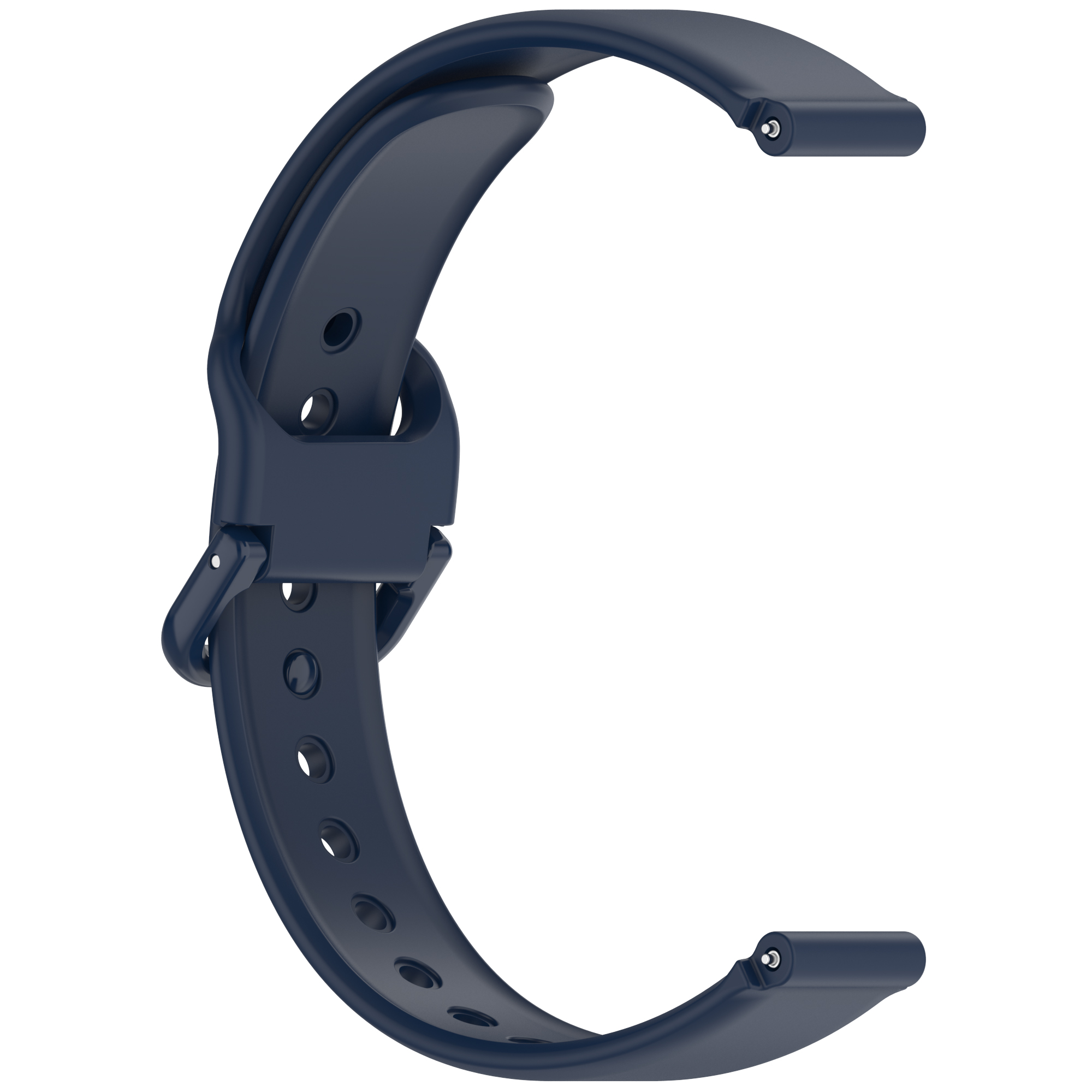 Blaues Uhrenarmband in C-Form. Es hat einen Verschluss und zwei Stifte zur Befestigung.