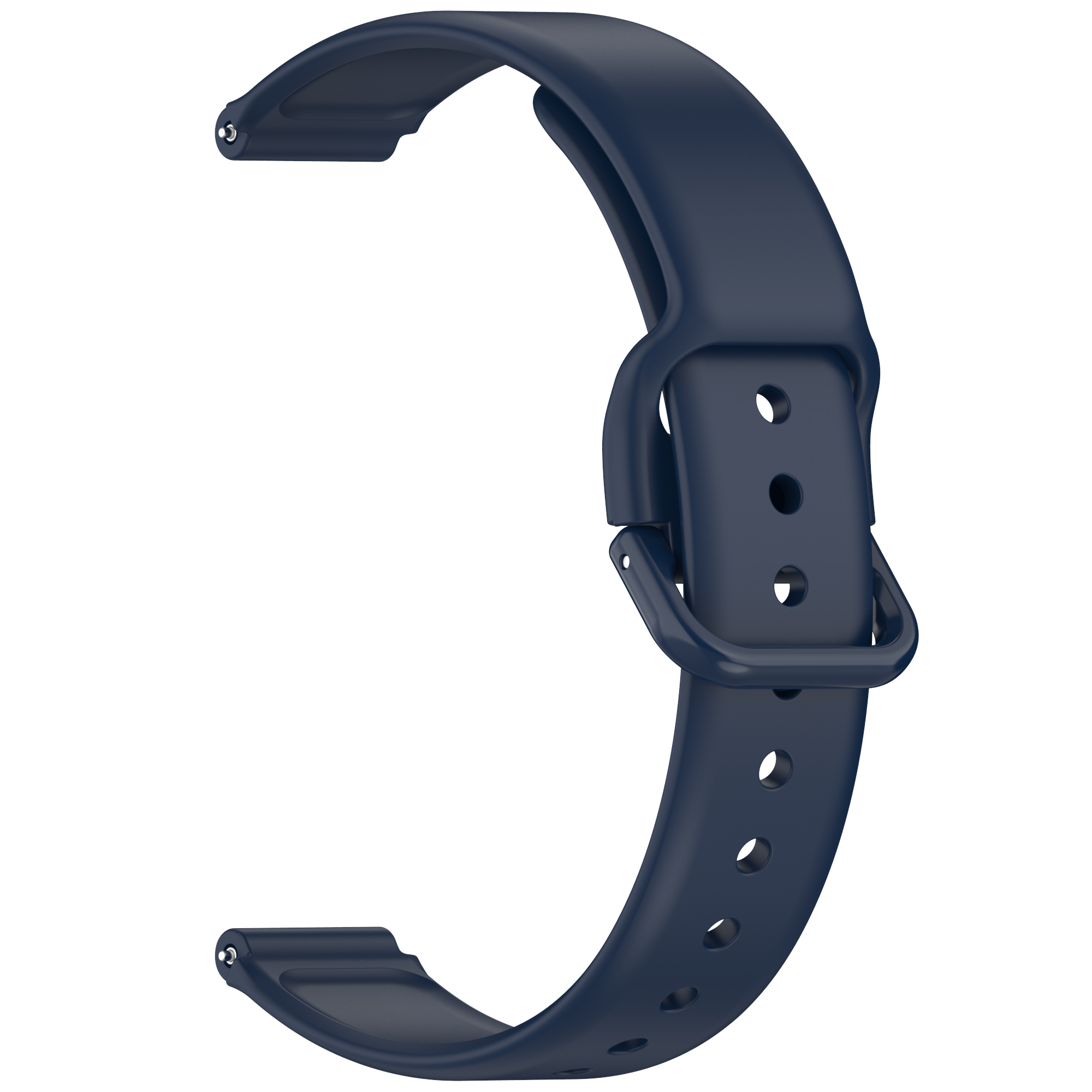 Ein dunkelblaues Smartwatch-Armband mit Schnalle wird auf weißem Hintergrund gezeigt.