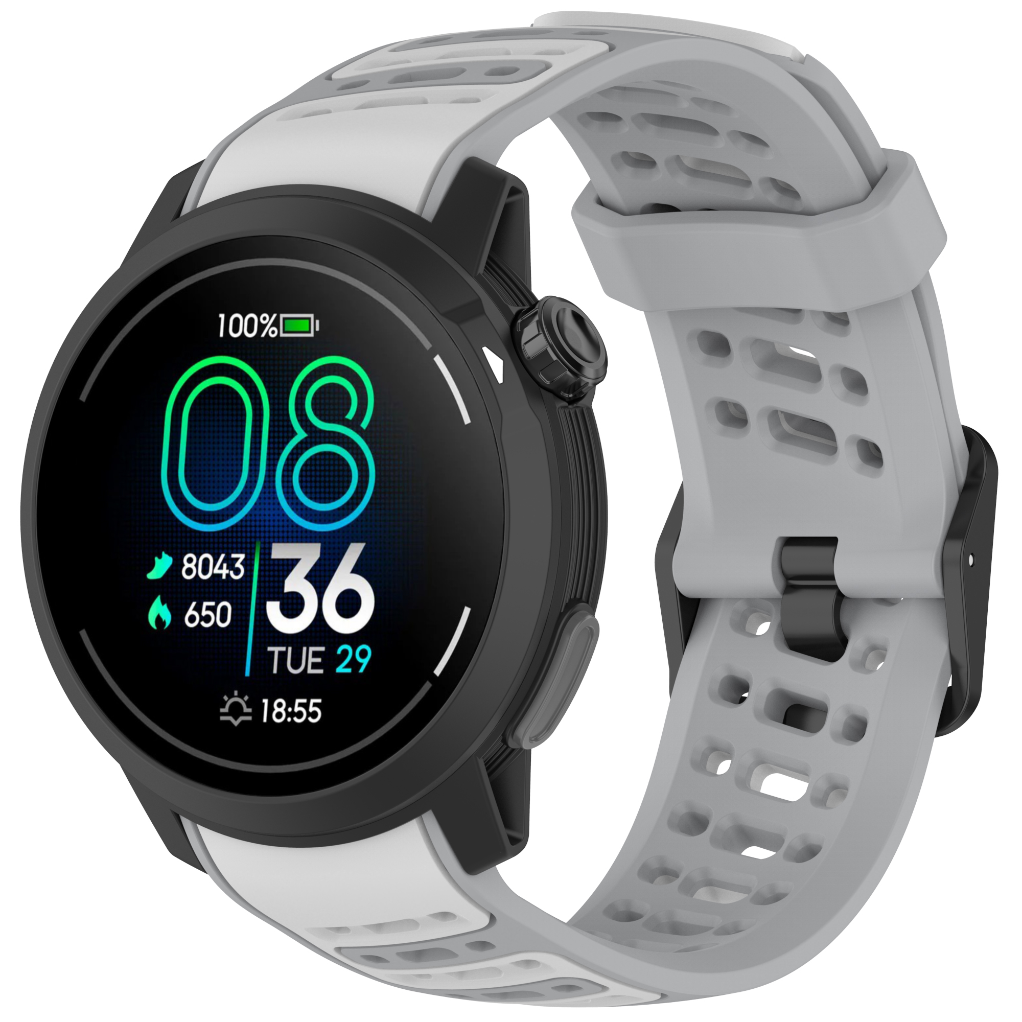 Uno smartwatch con quadrante nero, cinturino bianco e grigio, che mostra dati.