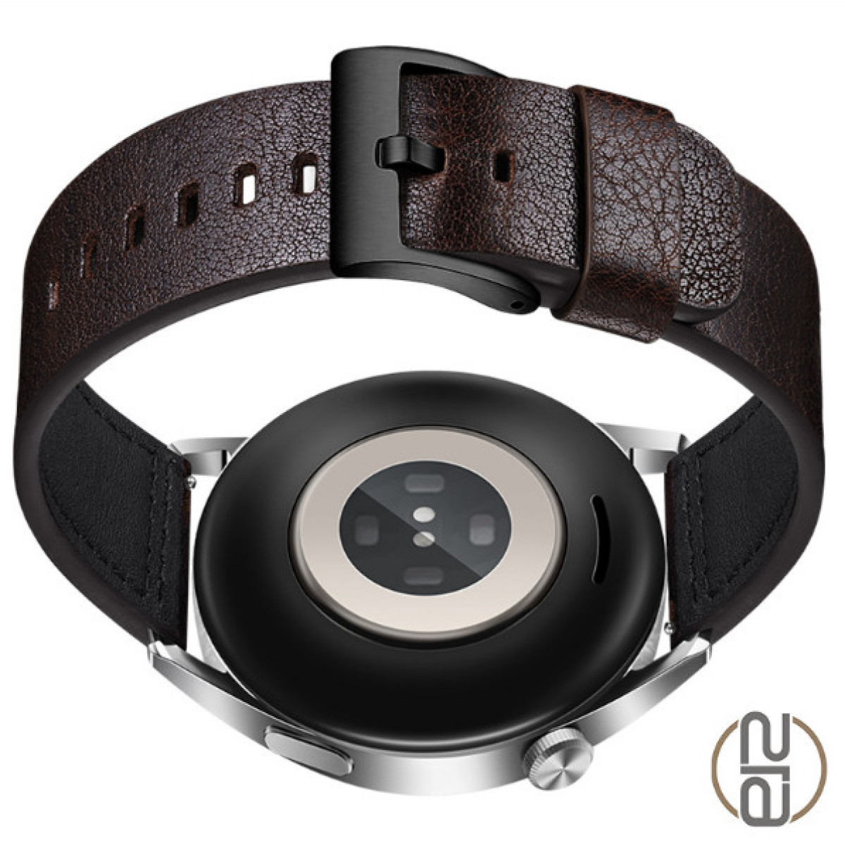 Schwarze und silberne Smartwatch mit braunem Lederband, Rückseite mit Sensoren.