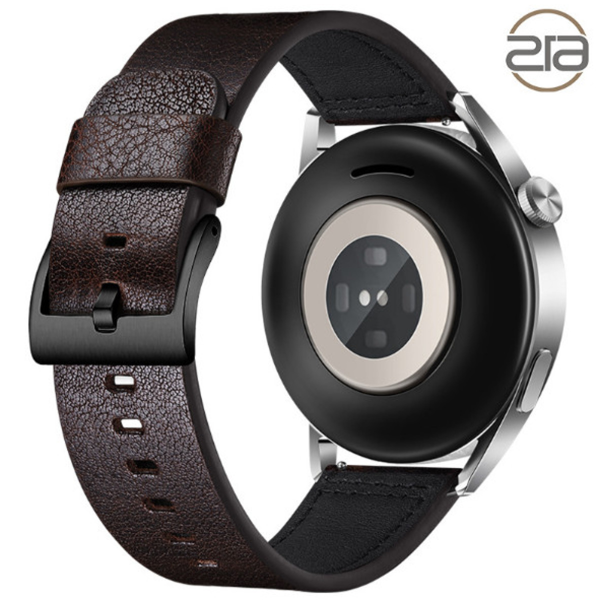 Smartwatch mit braunem Lederarmband.