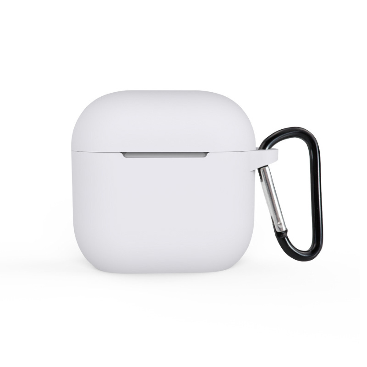 Ein weißes AirPods-Case mit angebrachtem schwarzem Karabinerhaken, vor weißem Hintergrund.