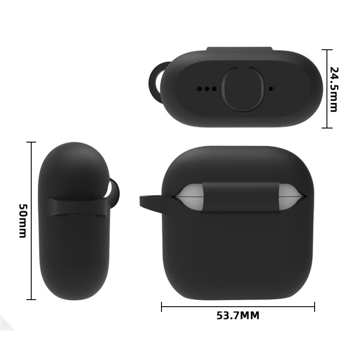 Schwarzes Kopfhörer-Etui mit Maßen. Drei Winkel zeigen Abmessungen.