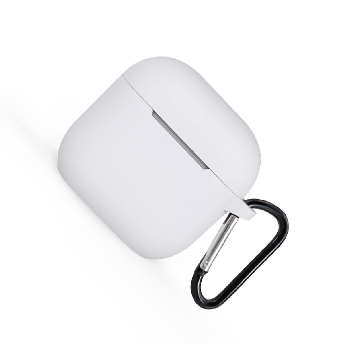Weißes, quadratisches Ohrhörer-Etui mit schwarzem Karabiner. Schräge Ansicht, weißer Hintergrund.