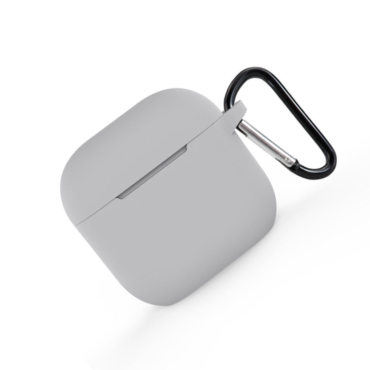 Estuche gris para AirPods con clip de mosquetón negro.