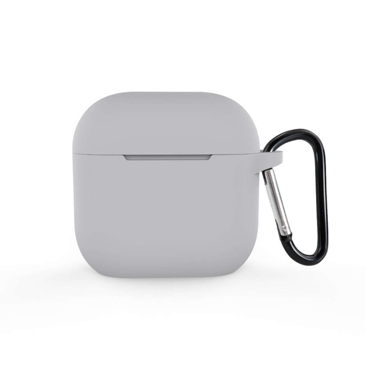 Una funda gris para airpods con un mosquetón negro adjunto.