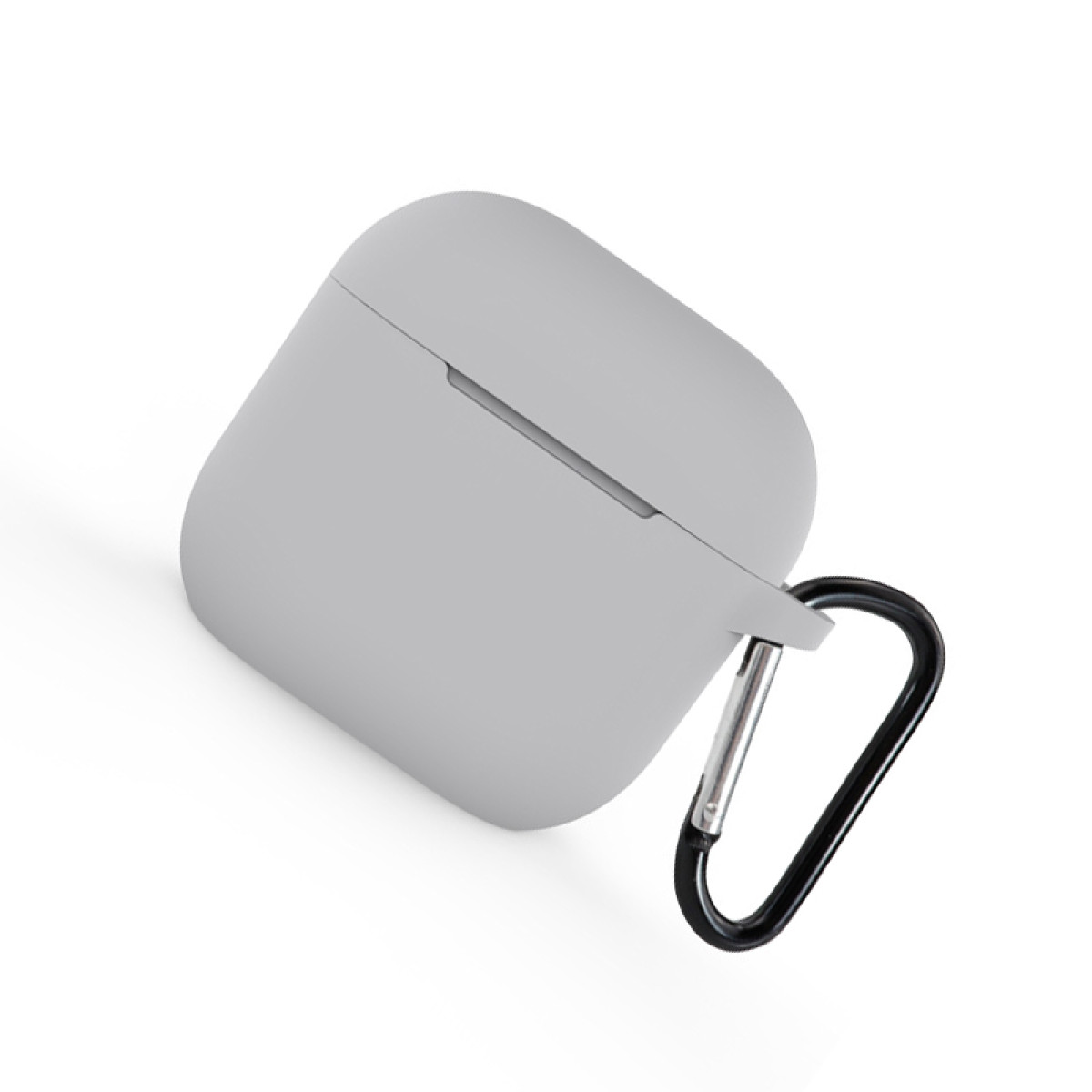 Un estuche de auriculares gris claro con un mosquetón negro, sobre fondo blanco.