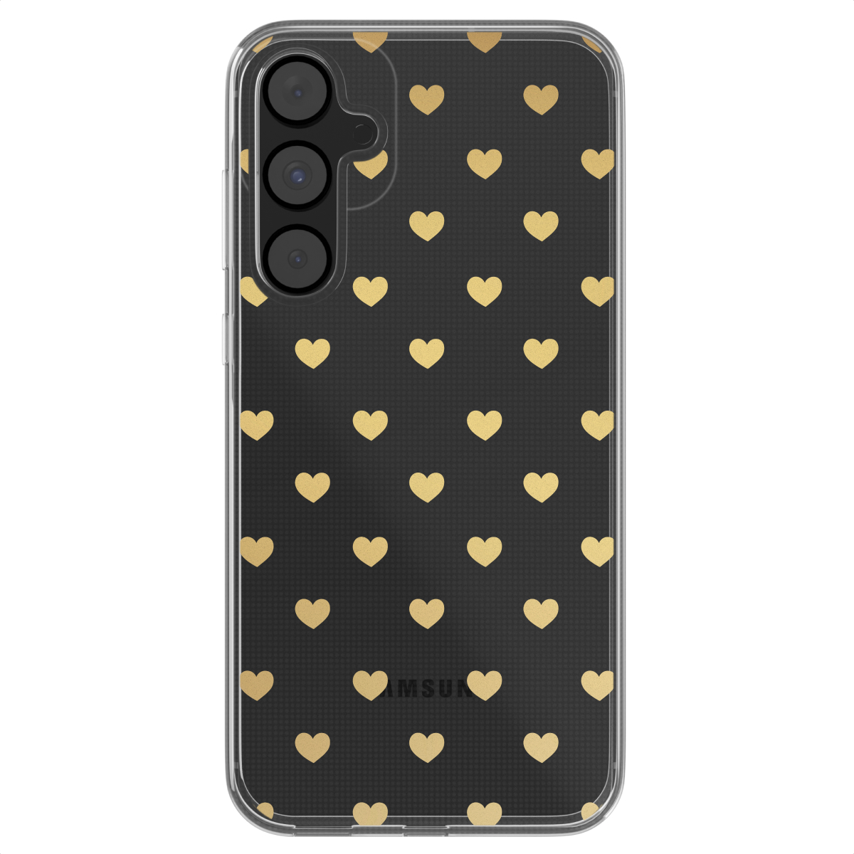 Een zwart telefoonhoesje met gouden harten op een zwarte achtergrond. Een telefoon zit erin.