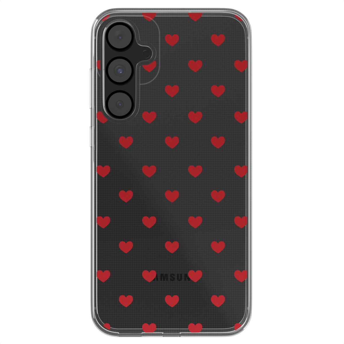 Zwarte telefoonhoes met rood hartjespatroon. De hoes heeft een camera en knoppen. De achtergrond is donker.