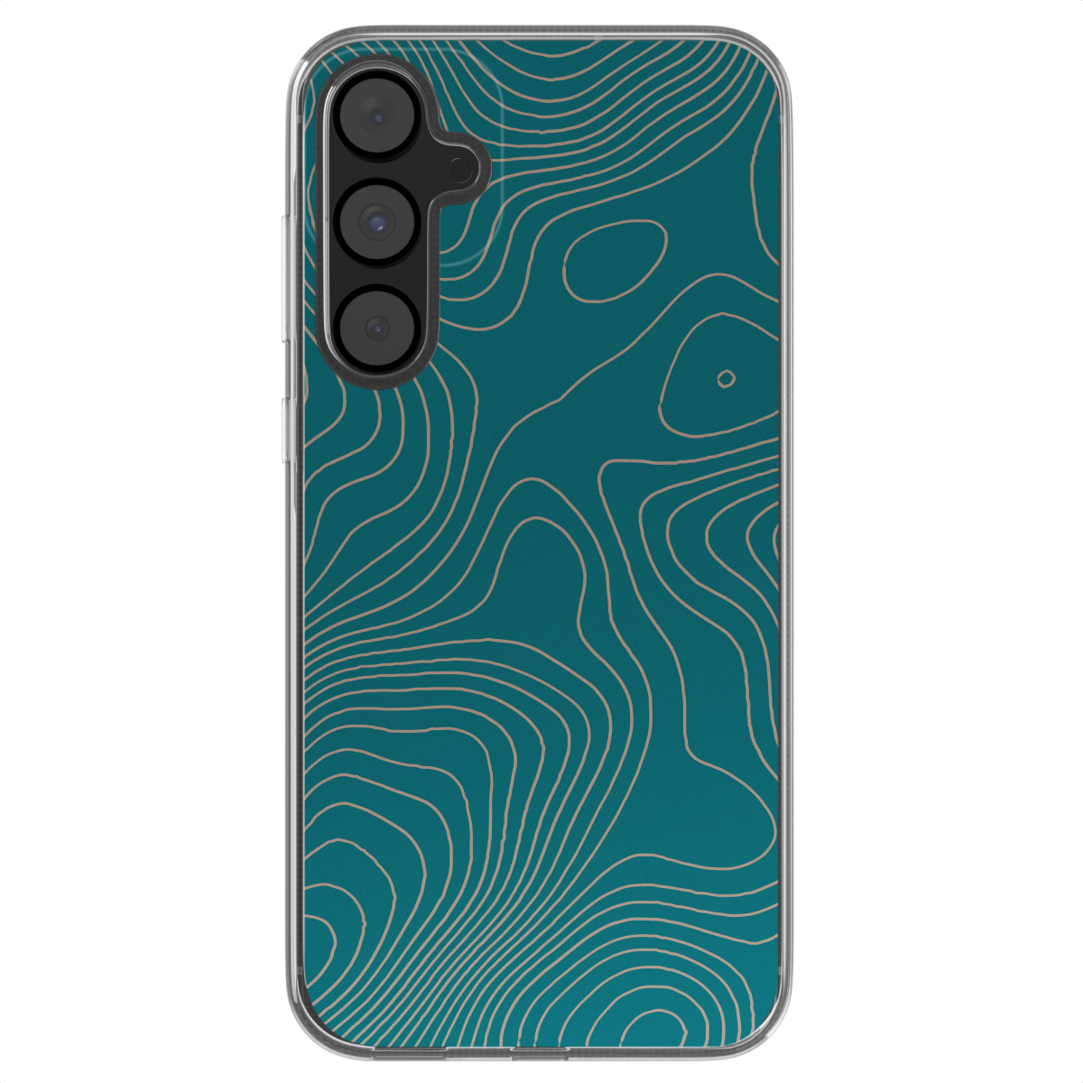 Een telefoonhoesje met een blauwgroene achtergrond en een beige contourlijnontwerp.