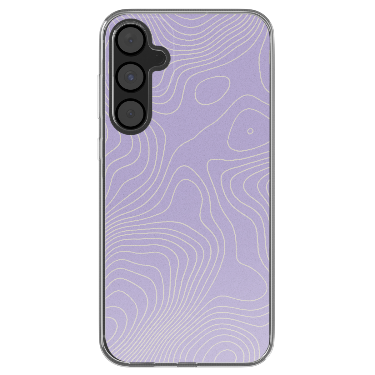 Paarse telefoonhoes met topografische lijnen, drie cameralenzen, transparante randen.