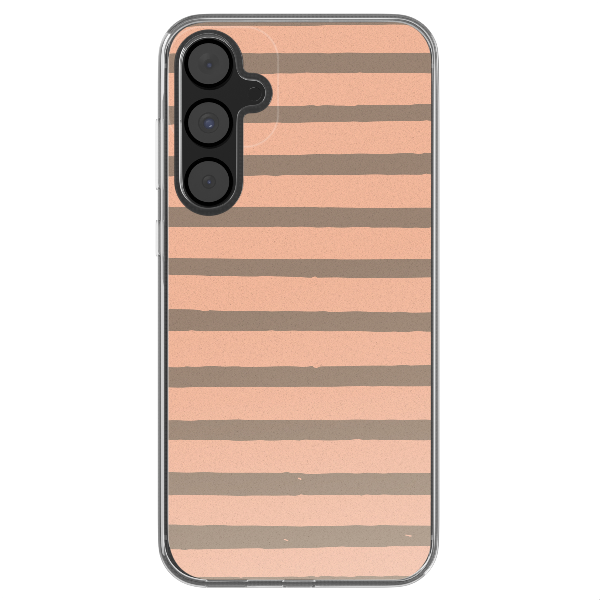 Een telefoonhoesje met horizontale strepen in lichtbruin en donkerder bruin op een witte achtergrond.