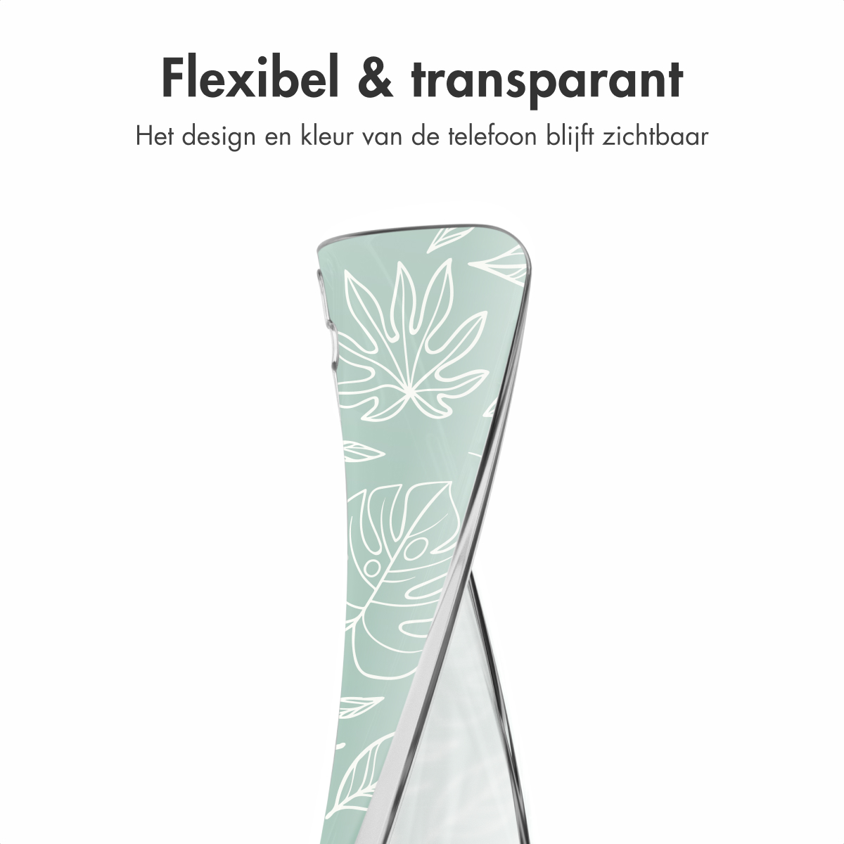 Een telefoonhoesje met een groen en wit bladerontwerp. De telefoon is gedeeltelijk zichtbaar.