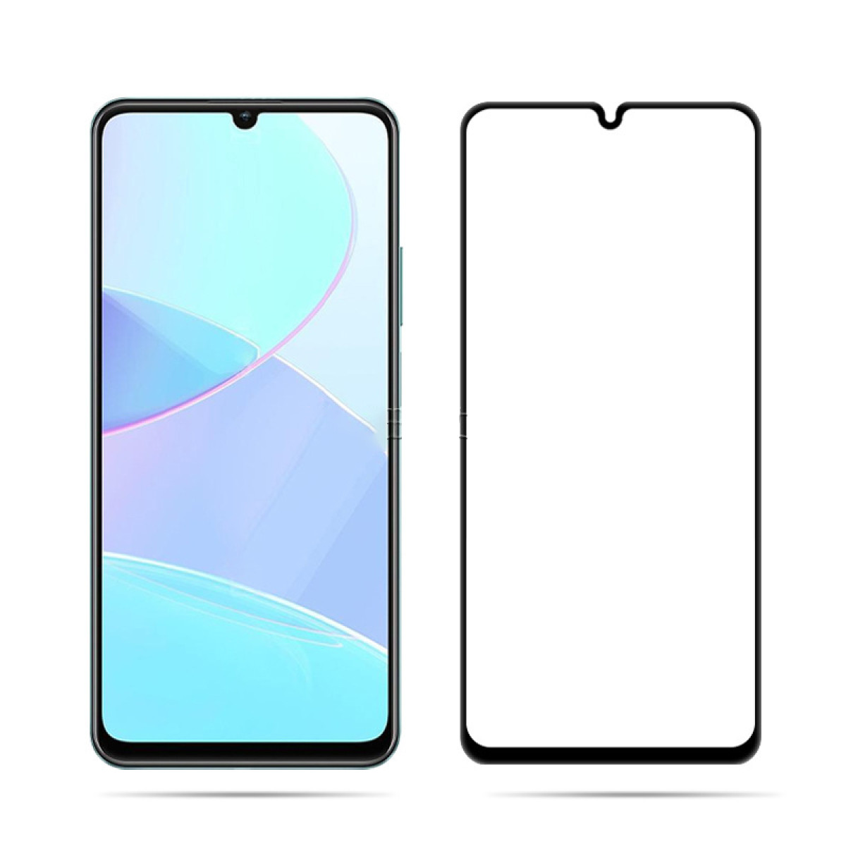 Smartphone e protezione schermo affiancati. Telefono a sinistra, protezione a destra. Tutto bianco.
