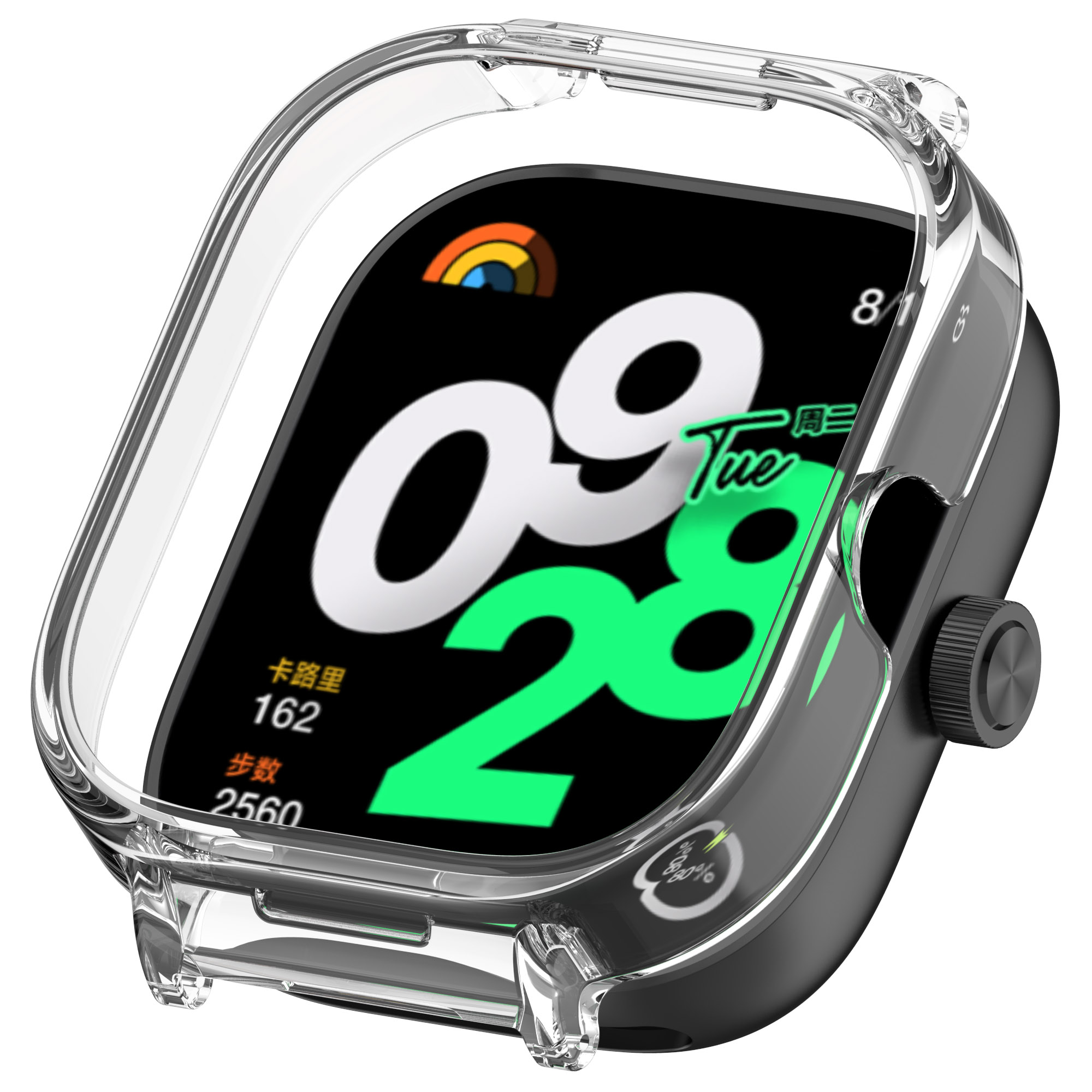 Uno smartwatch nero con una custodia protettiva trasparente. Lo schermo mostra dati e ora.