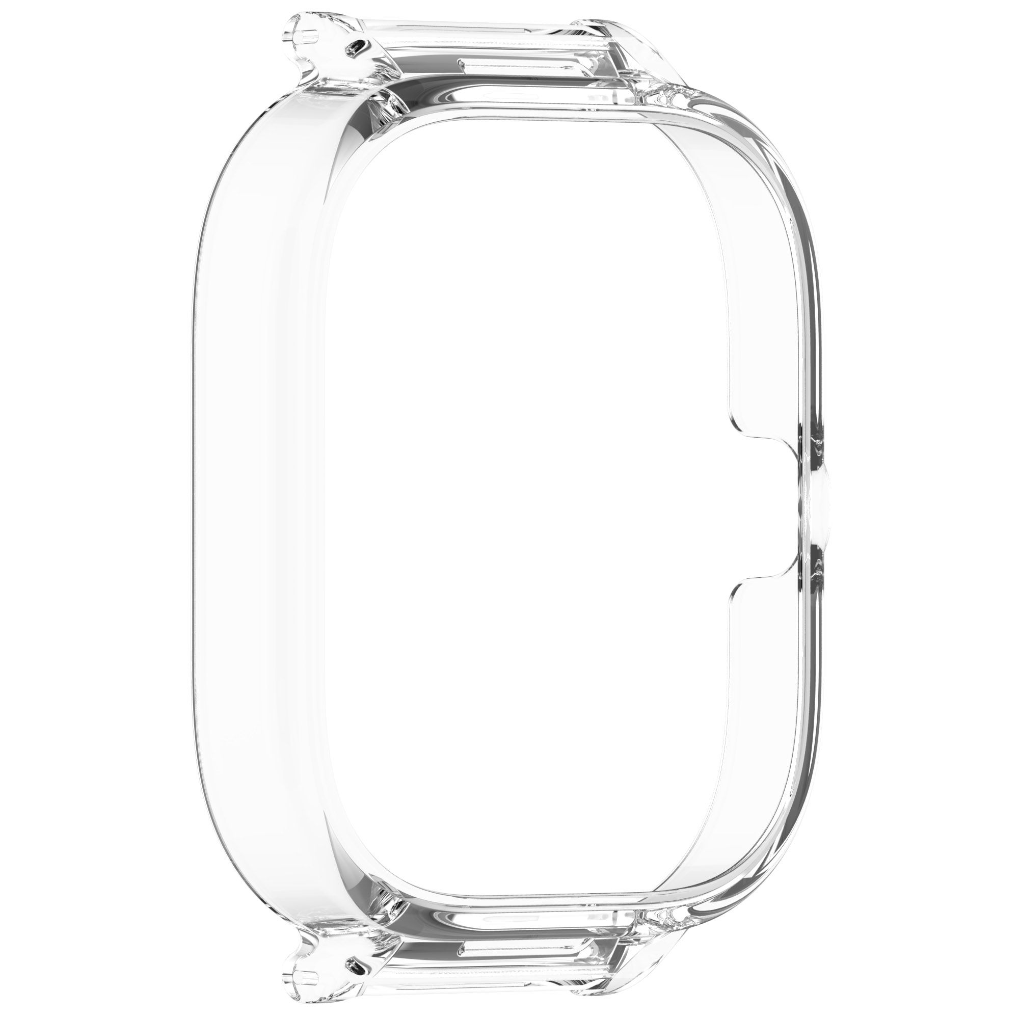 Custodia trasparente per orologio. Trasparente, di forma ovale, con fori per i pulsanti e lo schermo dell'orologio.