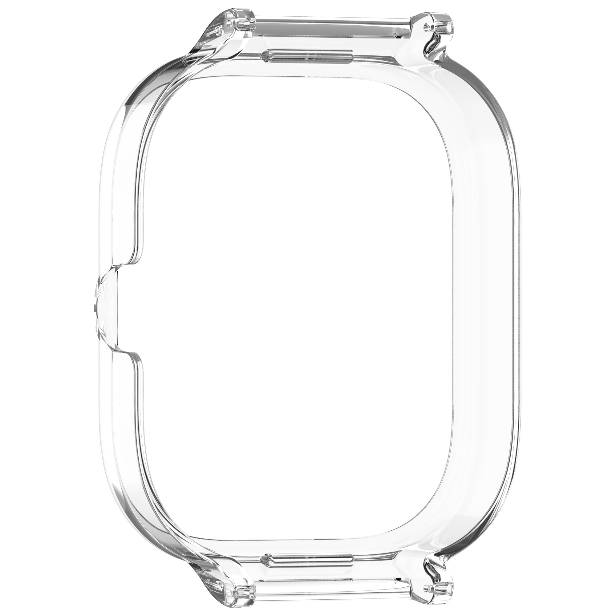 Custodia trasparente e rettangolare per orologio, progettata per proteggere uno smartwatch.