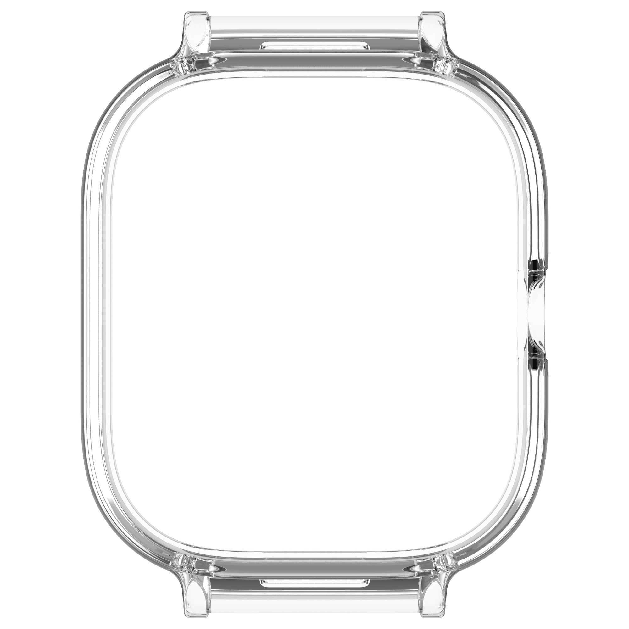 Una custodia trasparente per uno smartwatch, che mostra il contorno e il pulsante laterale.