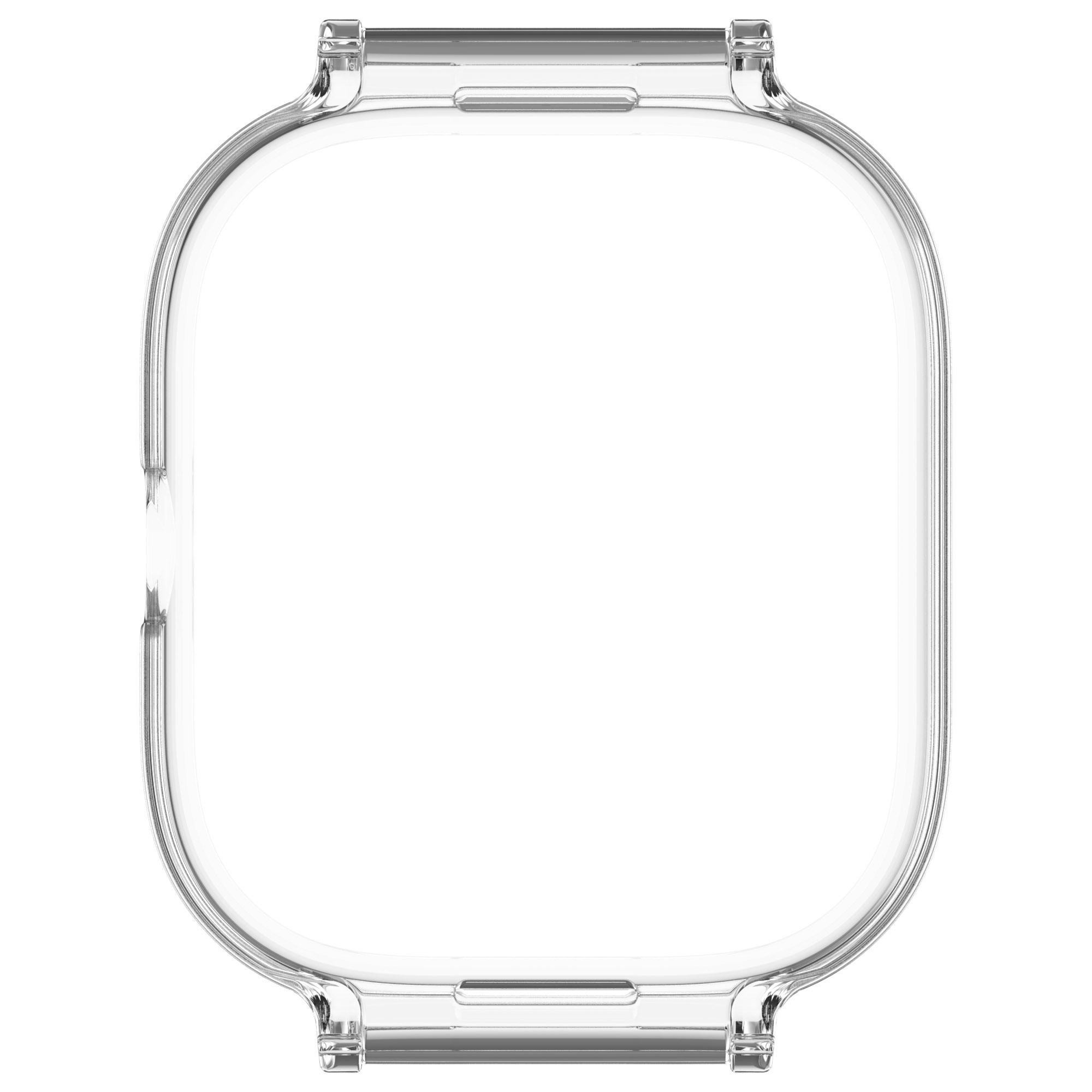 Custodia trasparente per smartwatch, forma rettangolare, con interno trasparente, sfondo bianco.