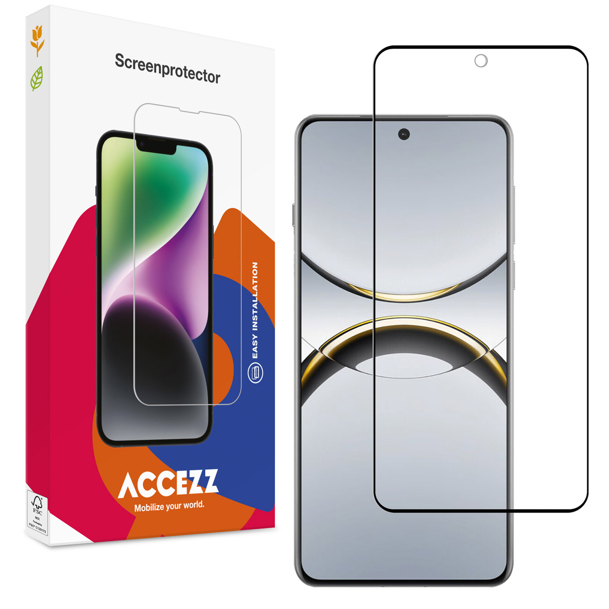 Una scatola di protezione per schermo del telefono e un telefono con un proteggi schermo applicato.