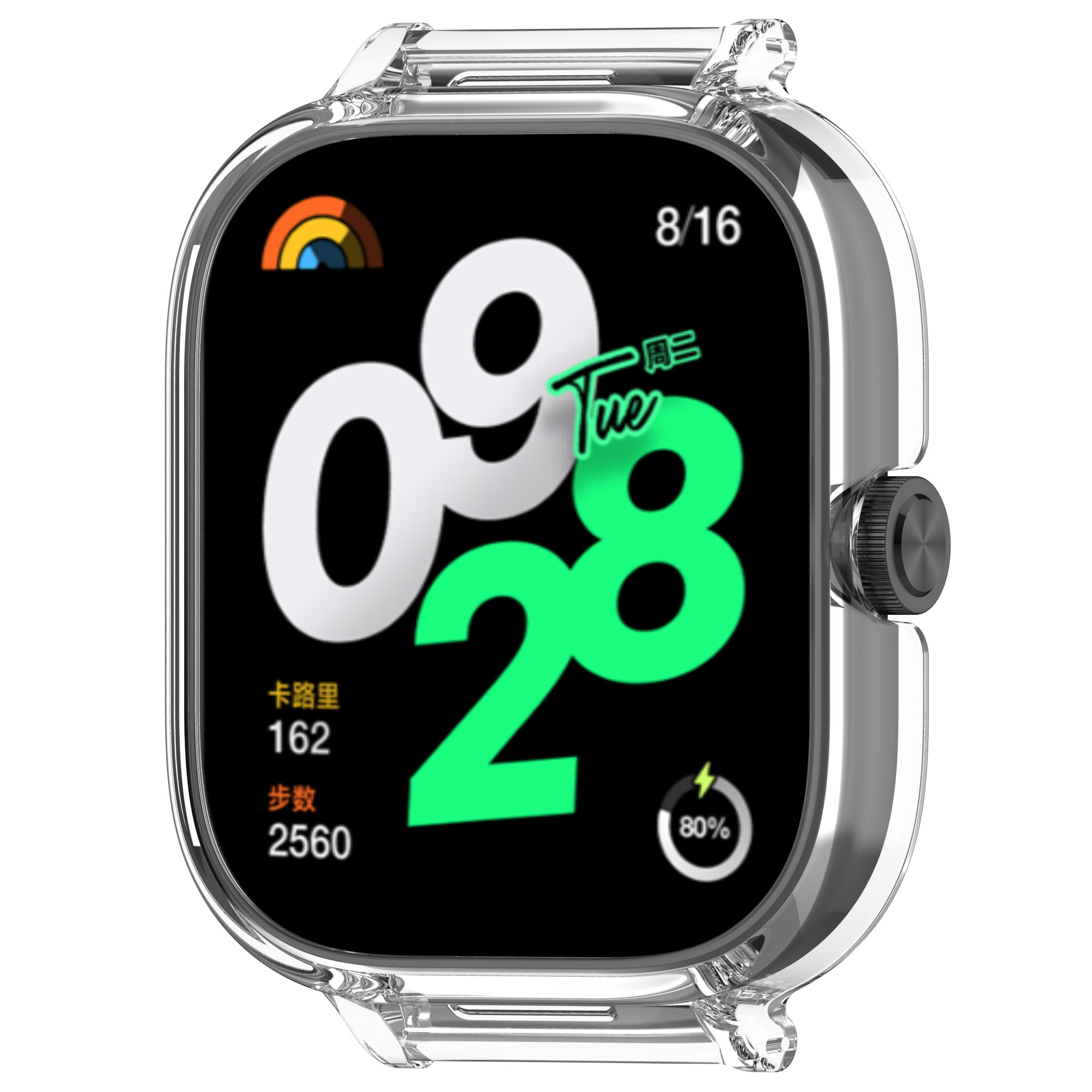 Quadrante smartwatch con data, ora, batteria e contapassi, in una custodia protettiva trasparente.