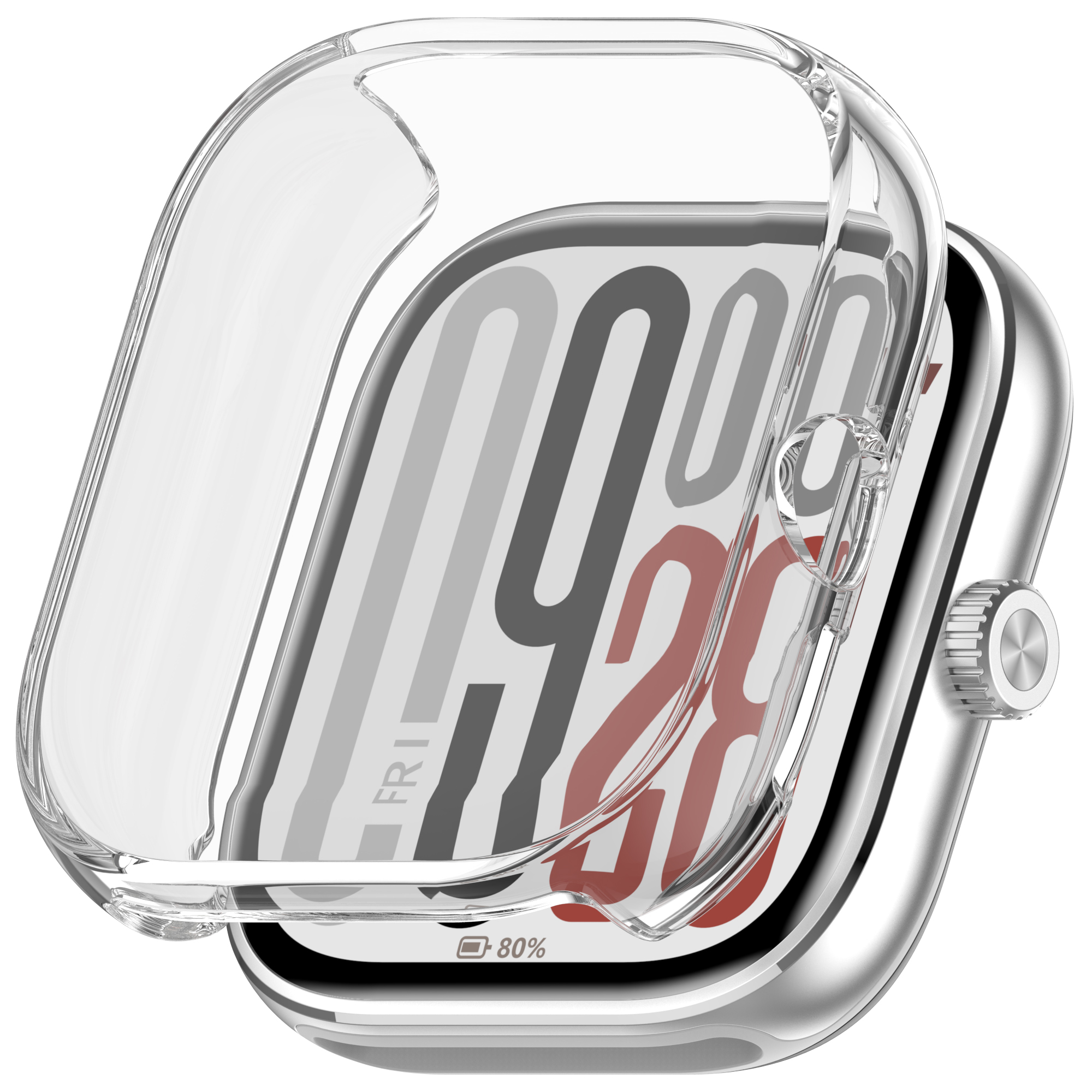 Smartwatch argentato con cover trasparente, lo schermo mostra l'ora e la percentuale della batteria.