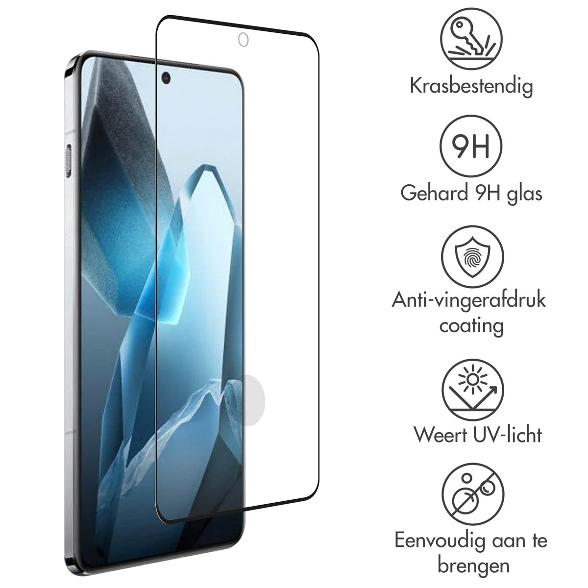 Protecteur d'écran de téléphone avec texte. Icône de clé, verre 9H, anti-traces de doigts, protection UV et facile à appliquer.