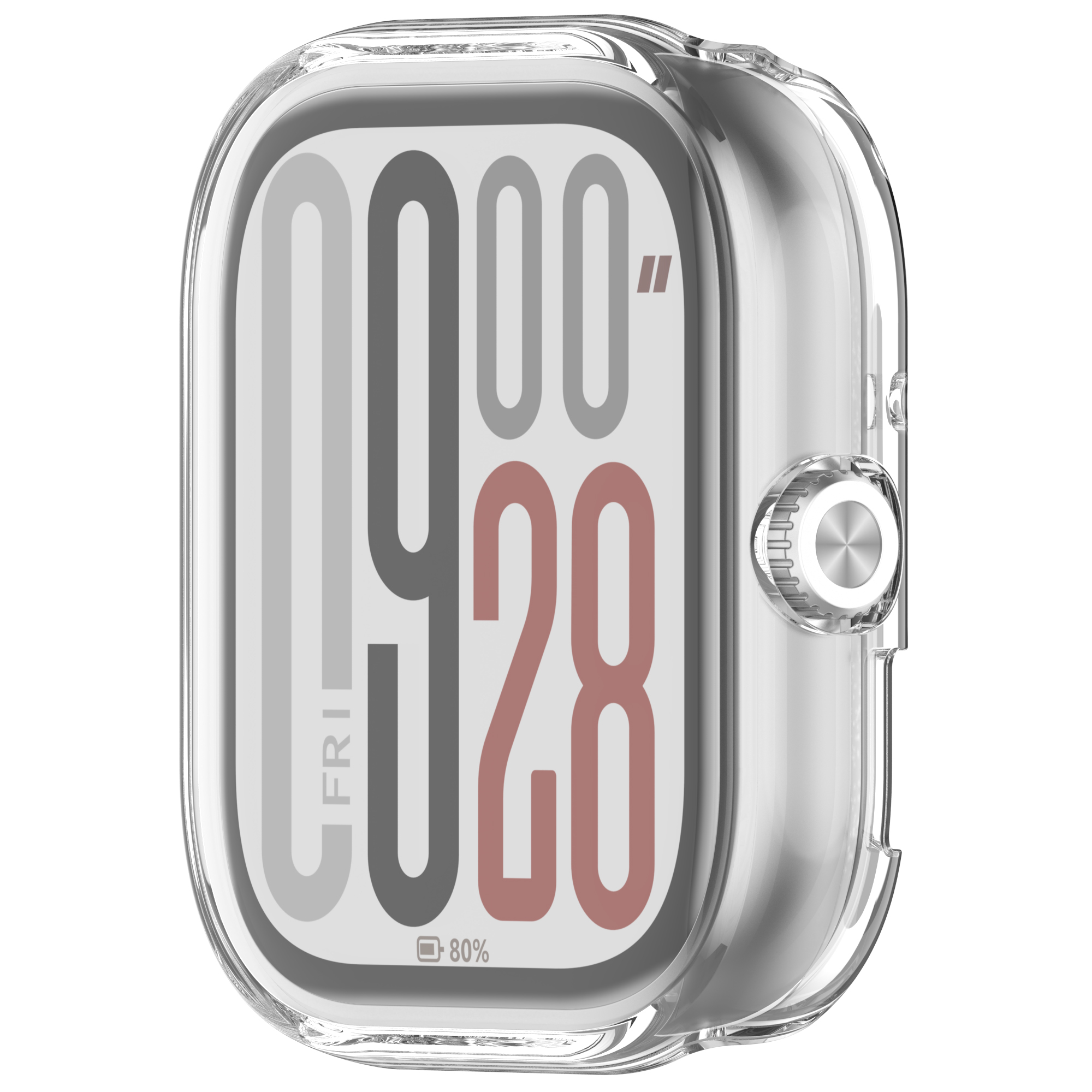 Smartwatch con custodia trasparente, lo schermo mostra l'ora e la percentuale della batteria.