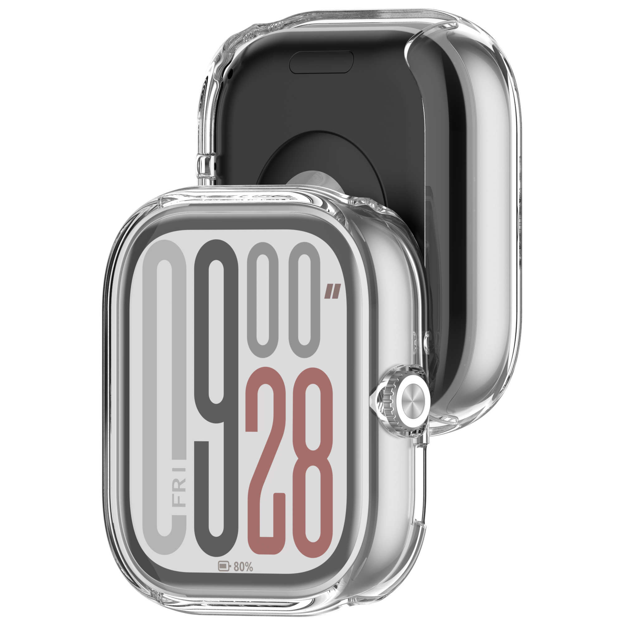 Smartwatch con custodia trasparente, lo schermo mostra l'ora e la percentuale della batteria.