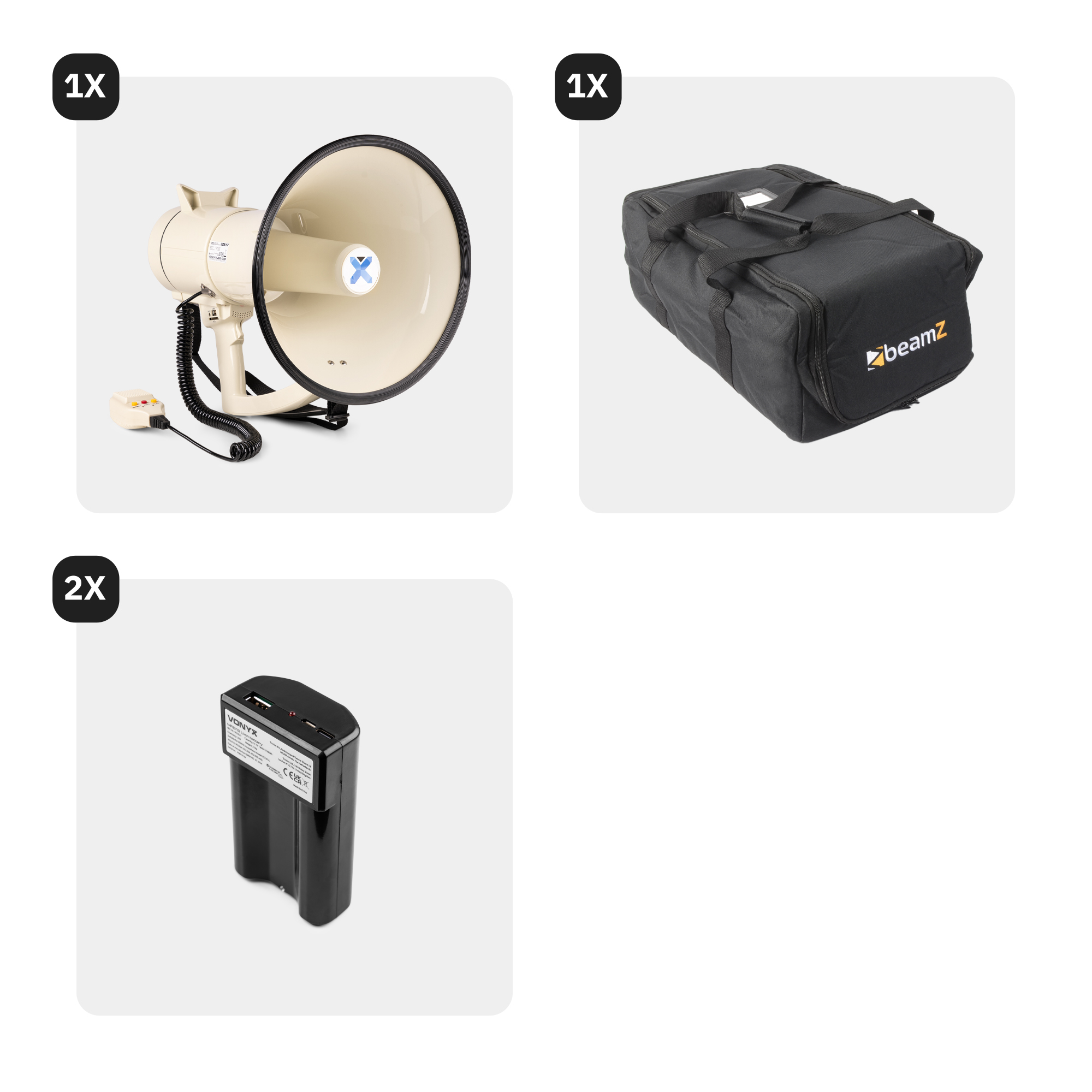 Drie items: Een megafoon, een zwarte tas en twee zwarte batterijen.