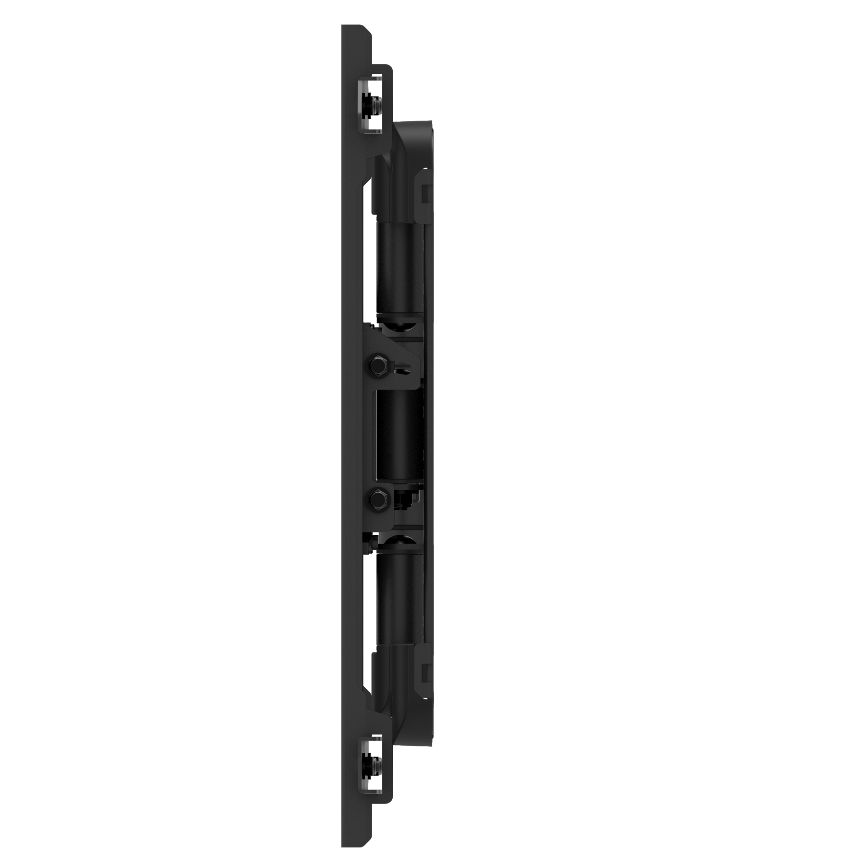 Een zwart, rechthoekig, aan de muur gemonteerd apparaat, waarschijnlijk een soundbar of displaybevestiging.