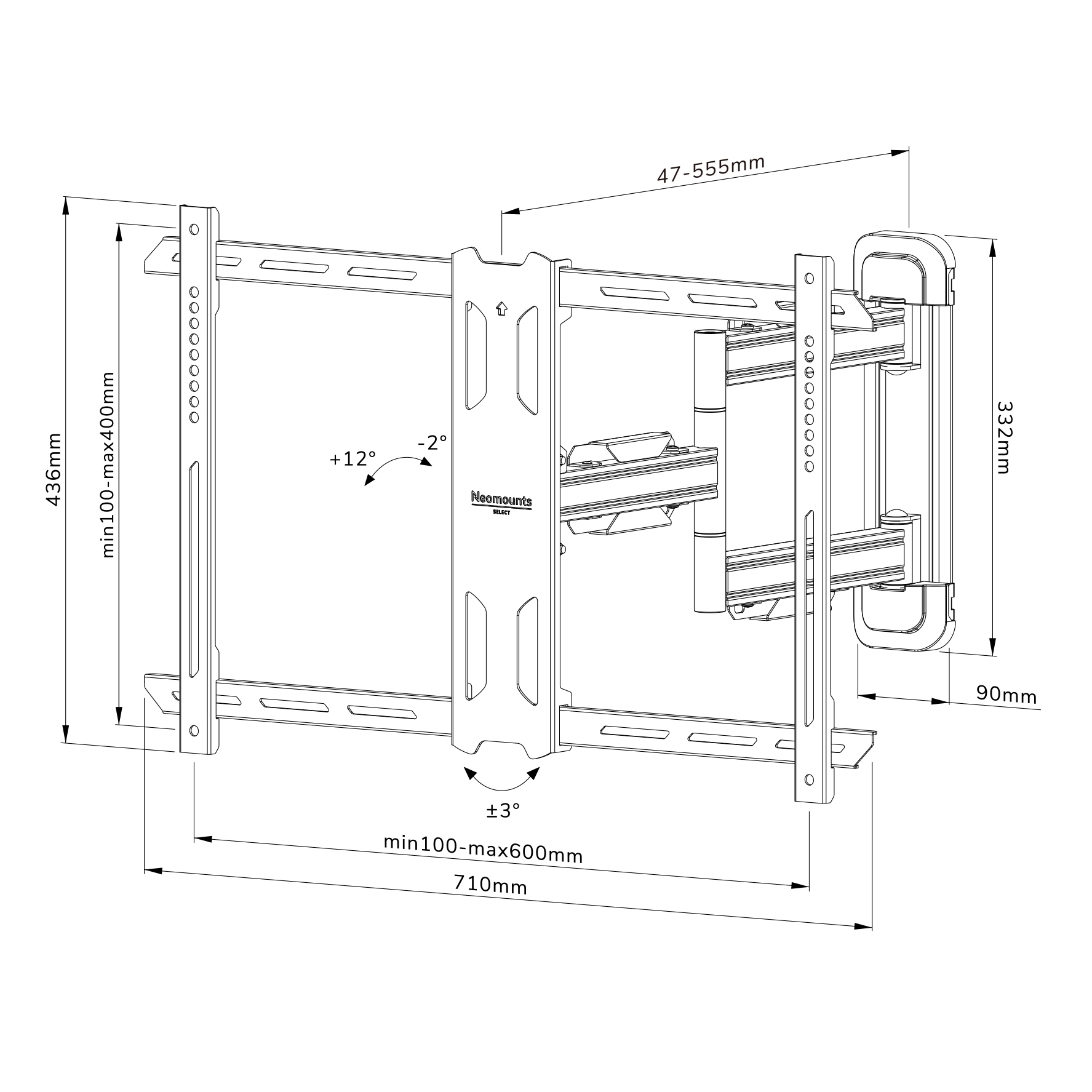Diagram van een tv-beugel, met afmetingen en metingen in zwarte lijnen.